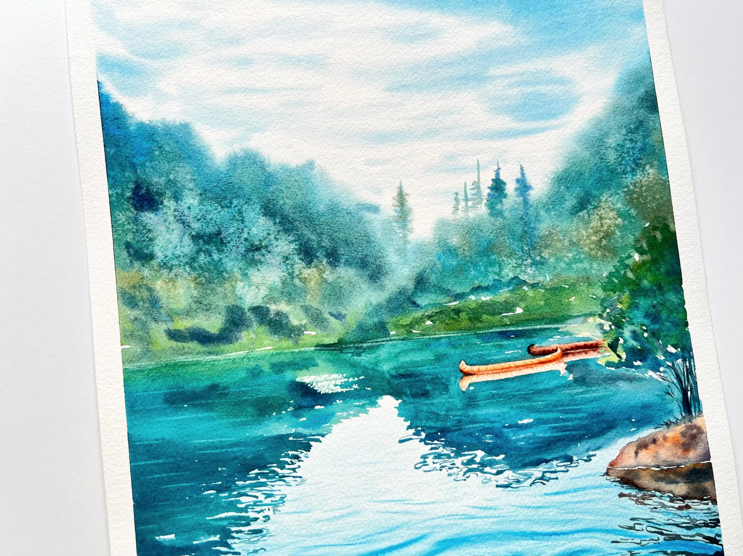 Close up of Original Watercolour Painting on Paper inspired by the stunning Lago di Braies in the Italian Dolomites