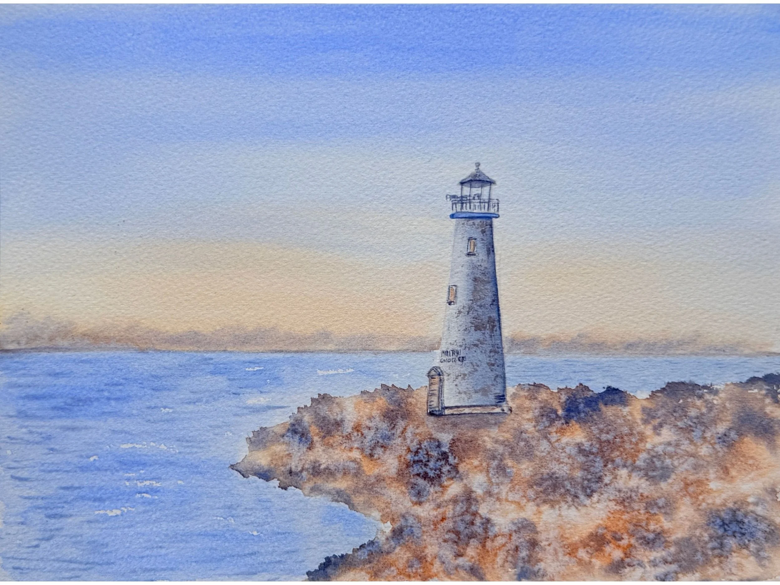 Original Watercolor Lighthouse Painting Coastal Sunset Seascape Nautical Wall Art.jpg