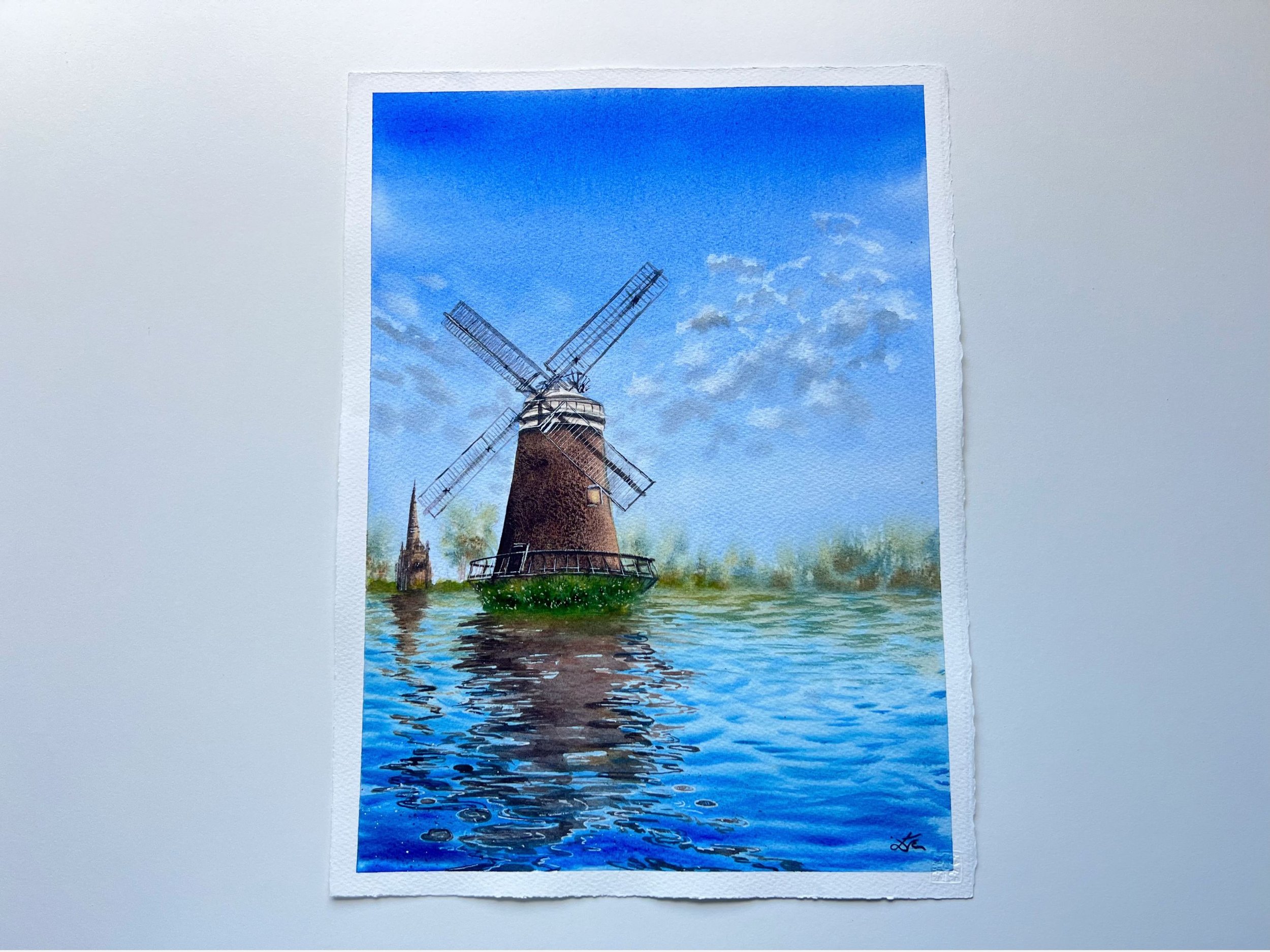 Windmill's Reflections Watercolor Painting | Landscape Wall Art for Lakehouse & Farmhouse | Impressionistic Artwork Decor closeup left bottom corner the whole painting against plain white background