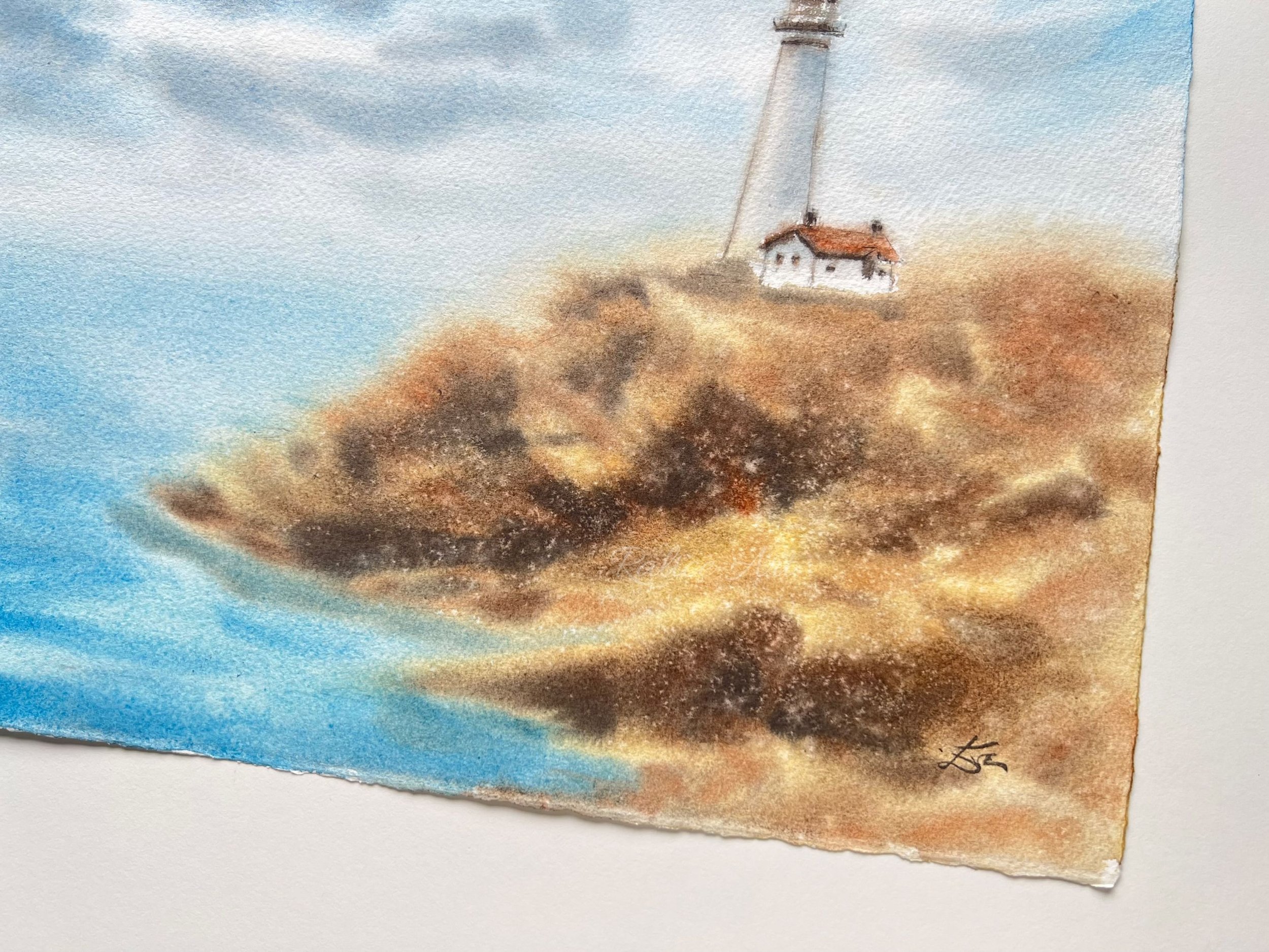 Lighthouse Original Watercolor Painting, Landscape Wall Art, Farm House Wall Art, Impressionistic Art Decor, Housewarming Gift, Rocky Cliff