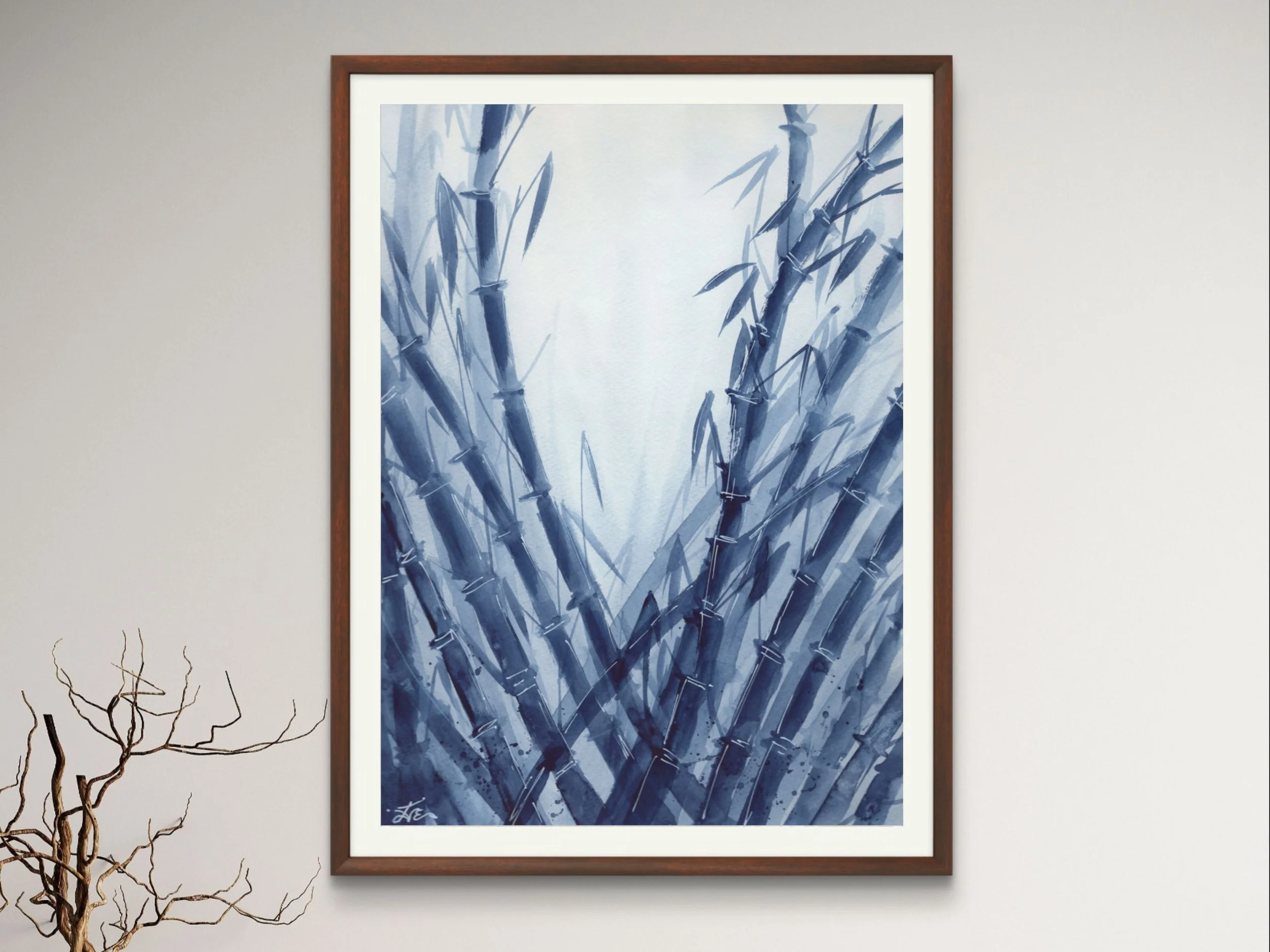 Blue Bamboo Forest Original Watercolor Painting, Minimalist Botanical Art, Zen Asian Inspired Wall Decor, Indigo Nature Artwork 10.jpg