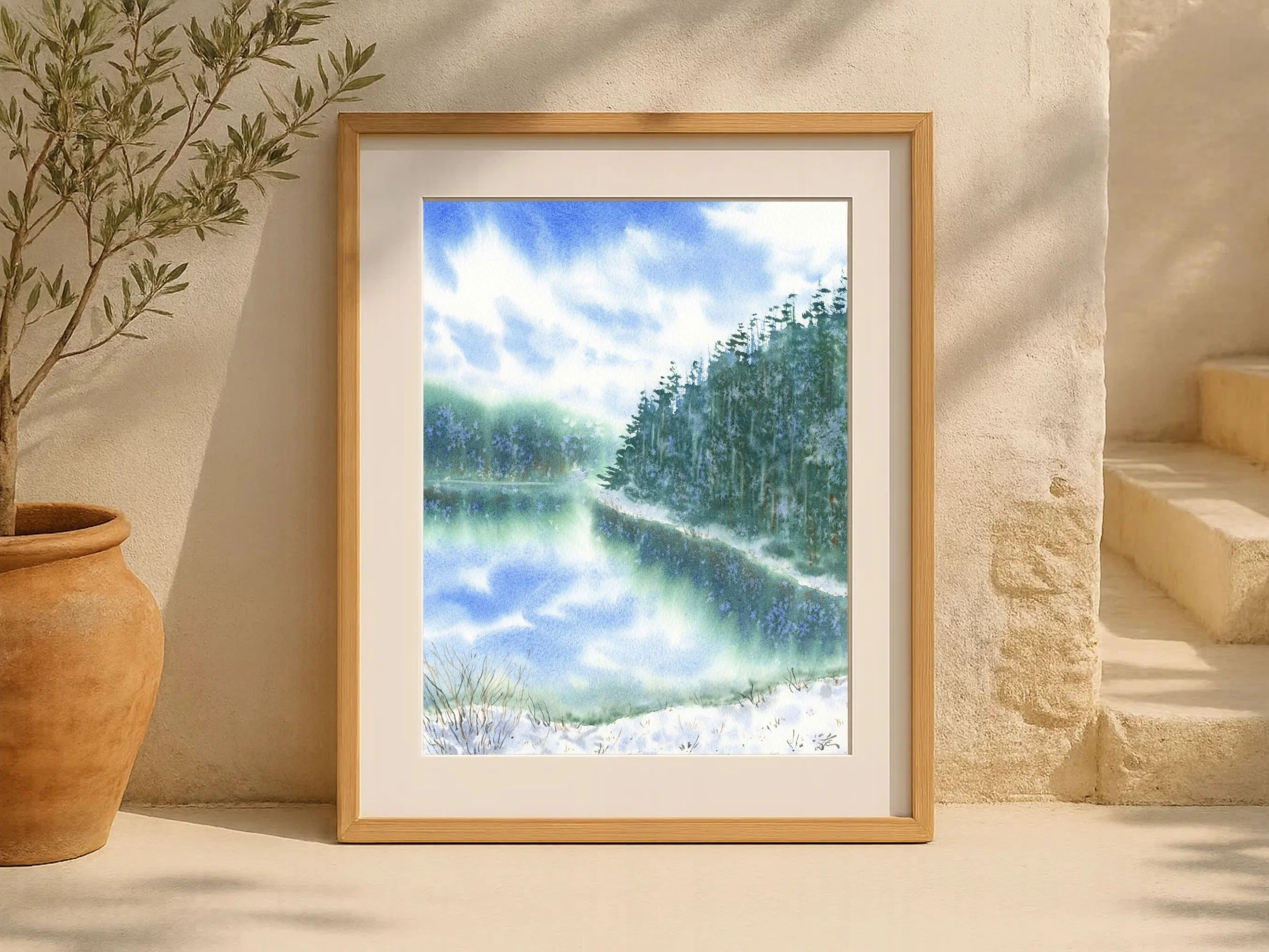 Pine Trees Fine Art Print Winter Landscape Painting Snowy Pine Forest Art Serene Lake Scene 7.jpg