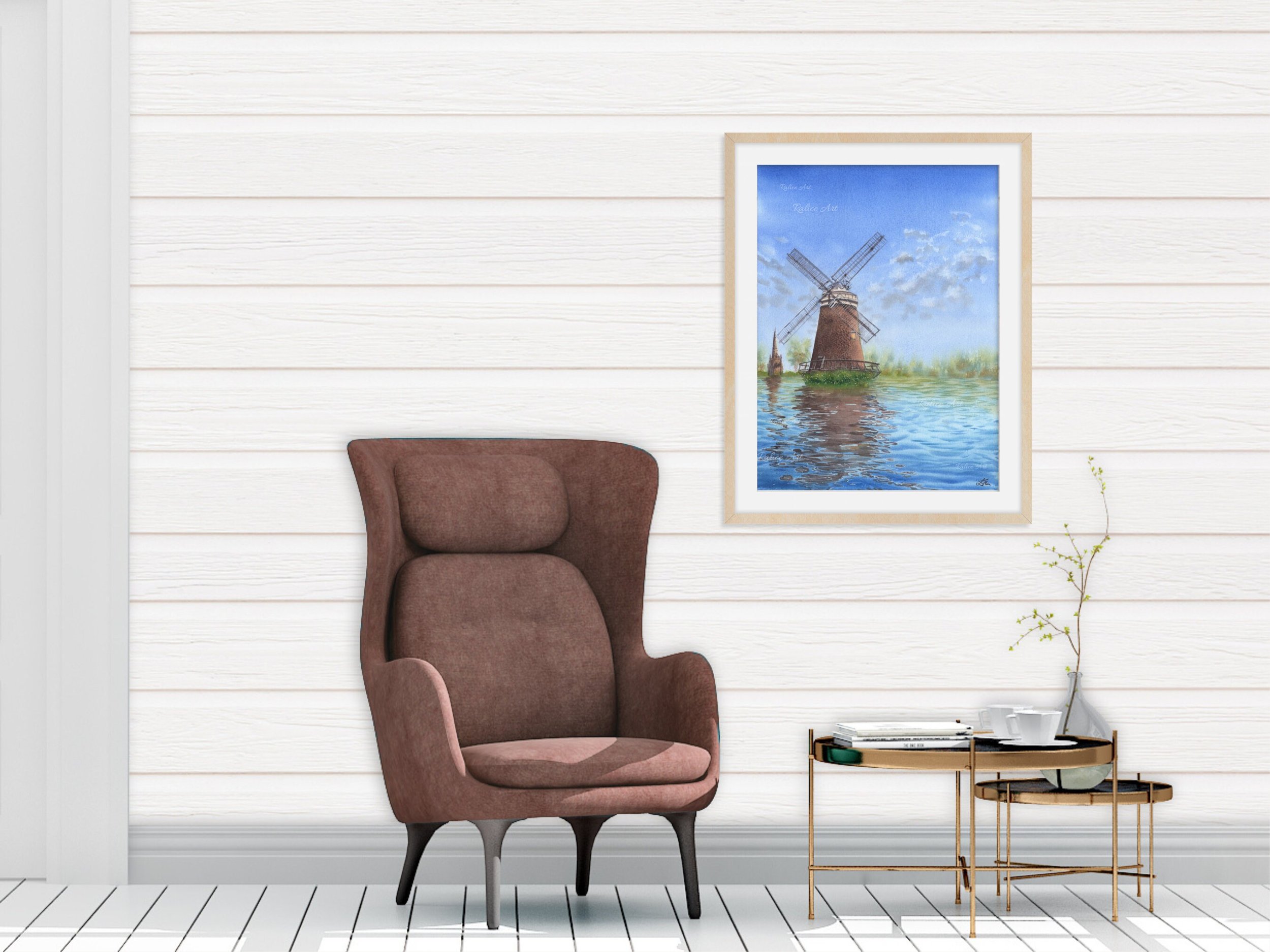 Windmill's Reflections Giclee Fine Art Print Printed on Luxurious Gallery-Quality Matte Paper Framed in a Livingroom