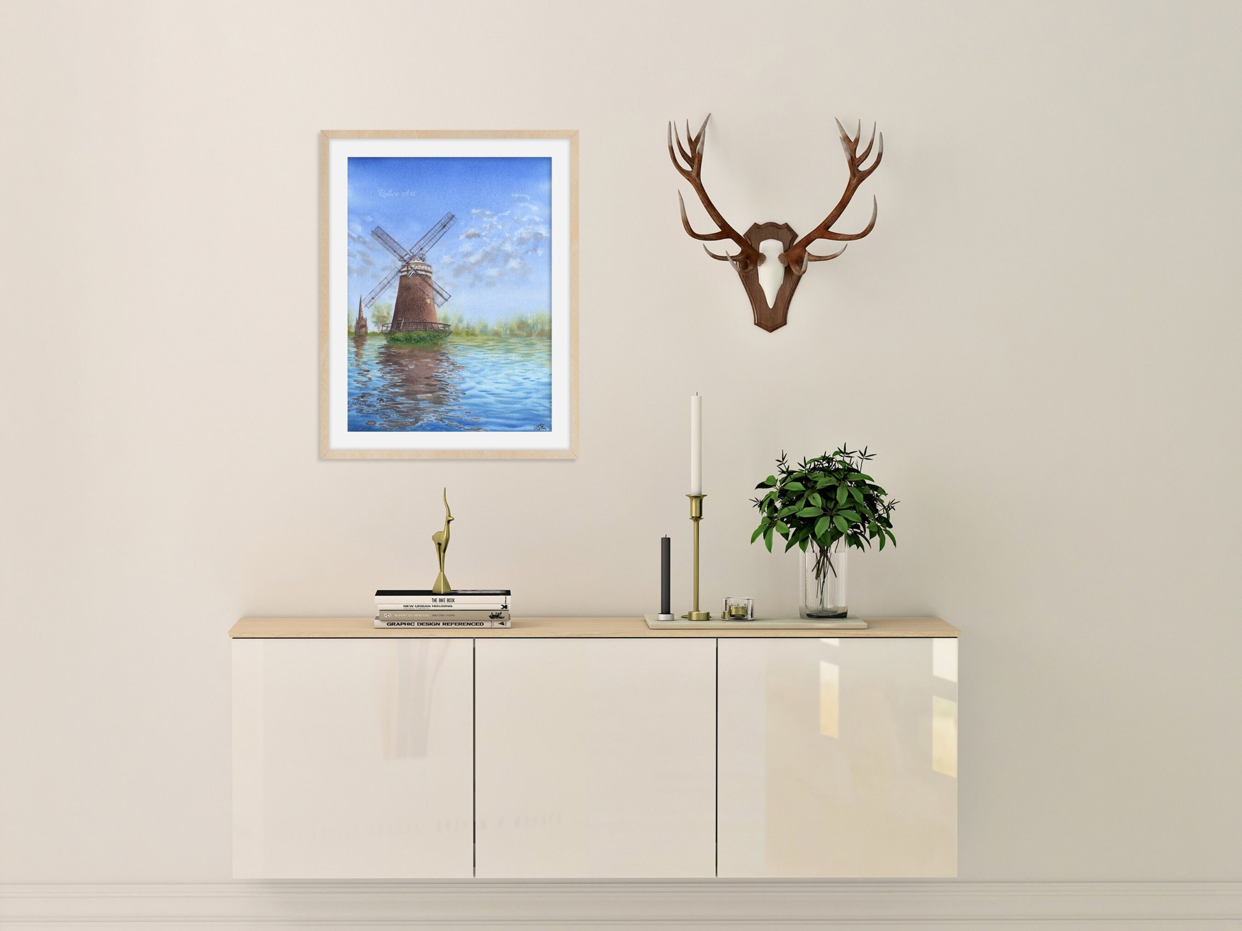 Windmill's Reflections Giclee Fine Art Print Printed on Luxurious Gallery-Quality Matte Paper Framed in a Hallway Setting
