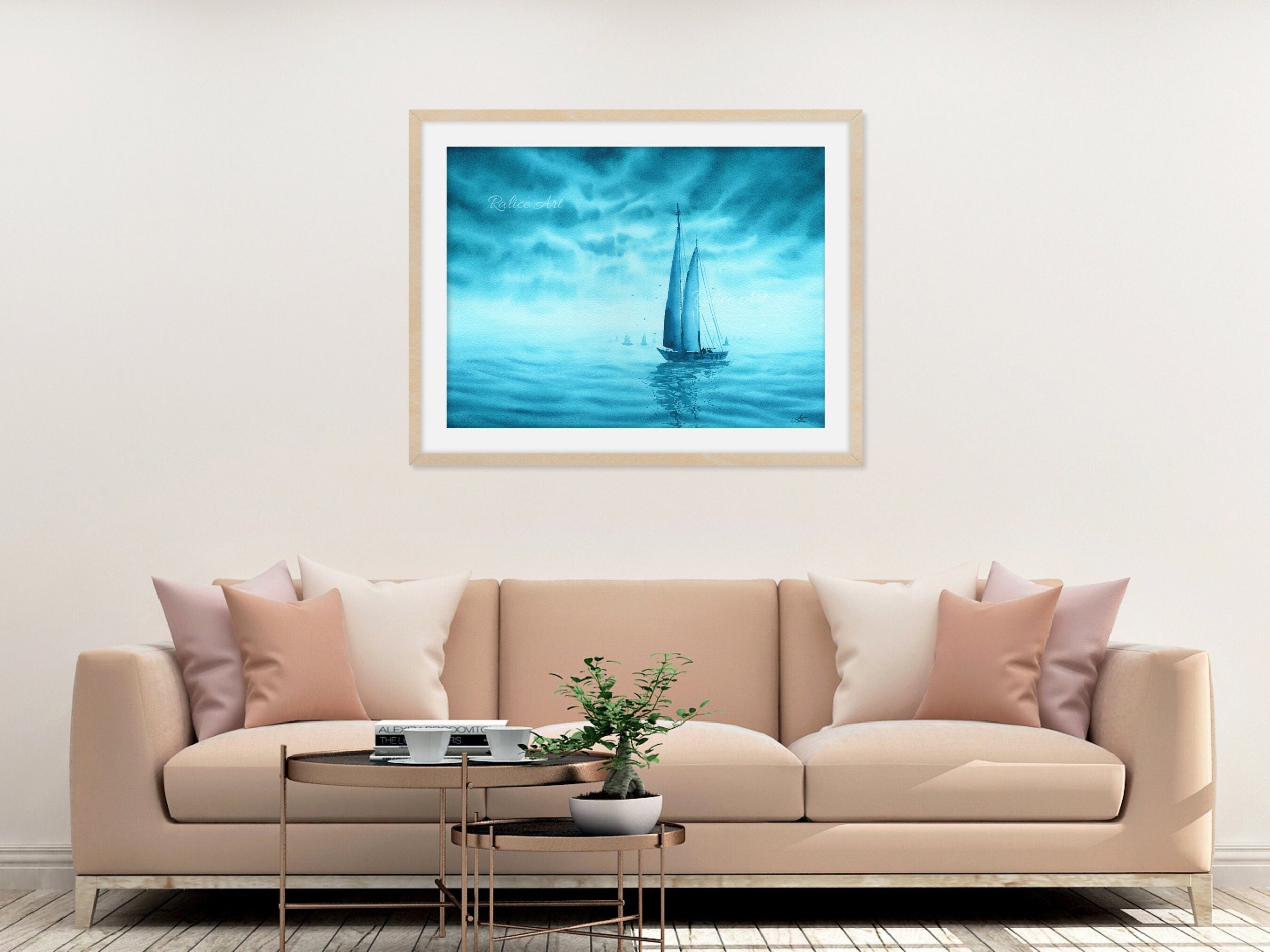 Turquoise Dreams 2 Giclee Fine Art Print Printed on Luxurious Gallery-Quality Matte Paper in a Living Room Set Up