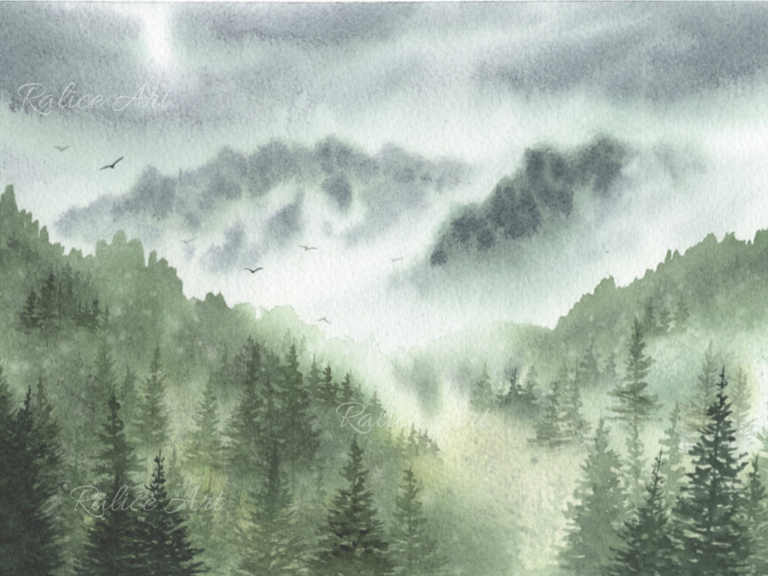 Misty Forest with Pine Trees Giclee Fine Art Print Printed on Luxurious Gallery-Quality Matte Paper Closeup