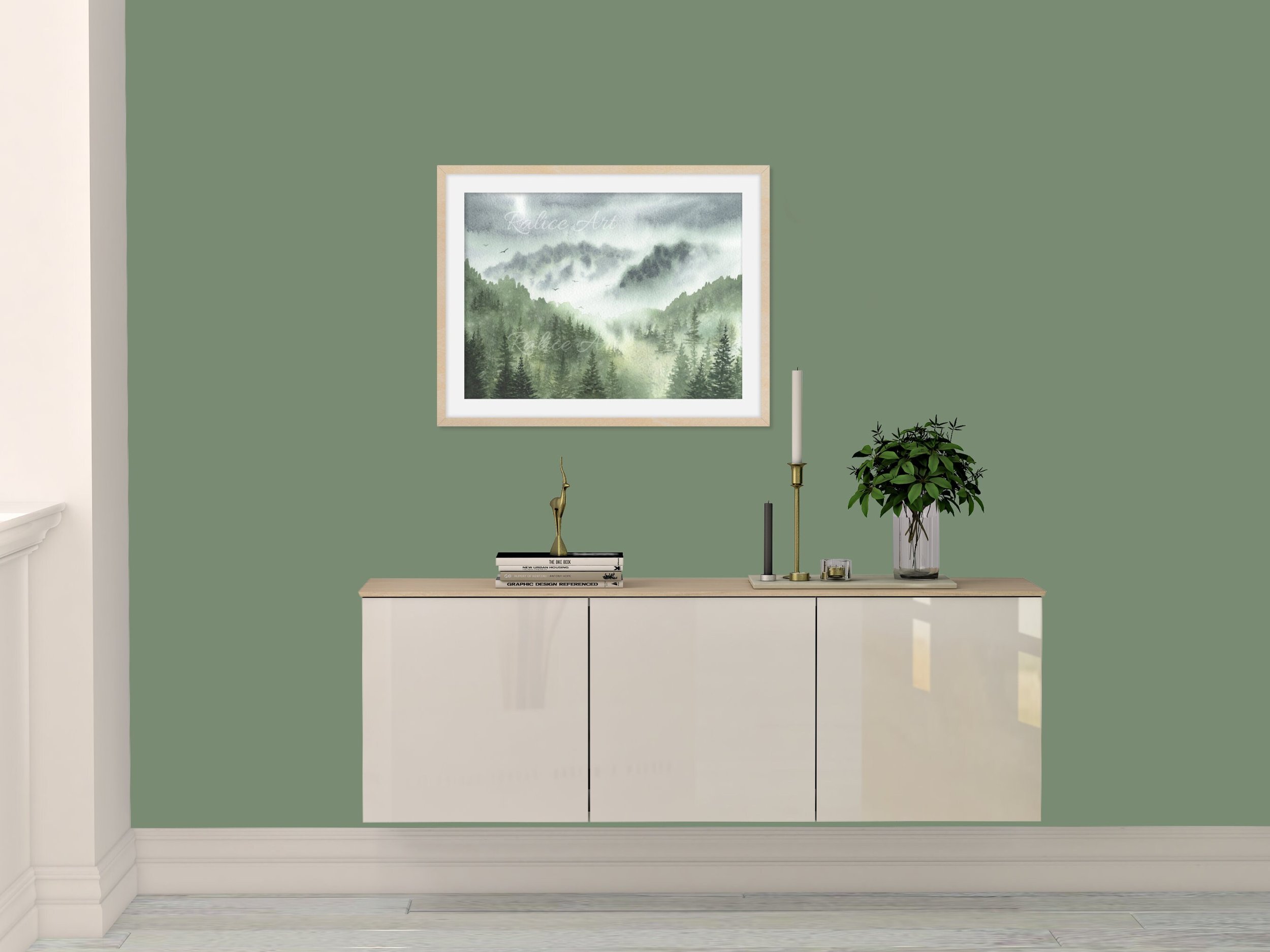 Misty Forest with Pine Trees Giclee Fine Art Print Printed on Luxurious Gallery-Quality Matte Paper in a Room Setting