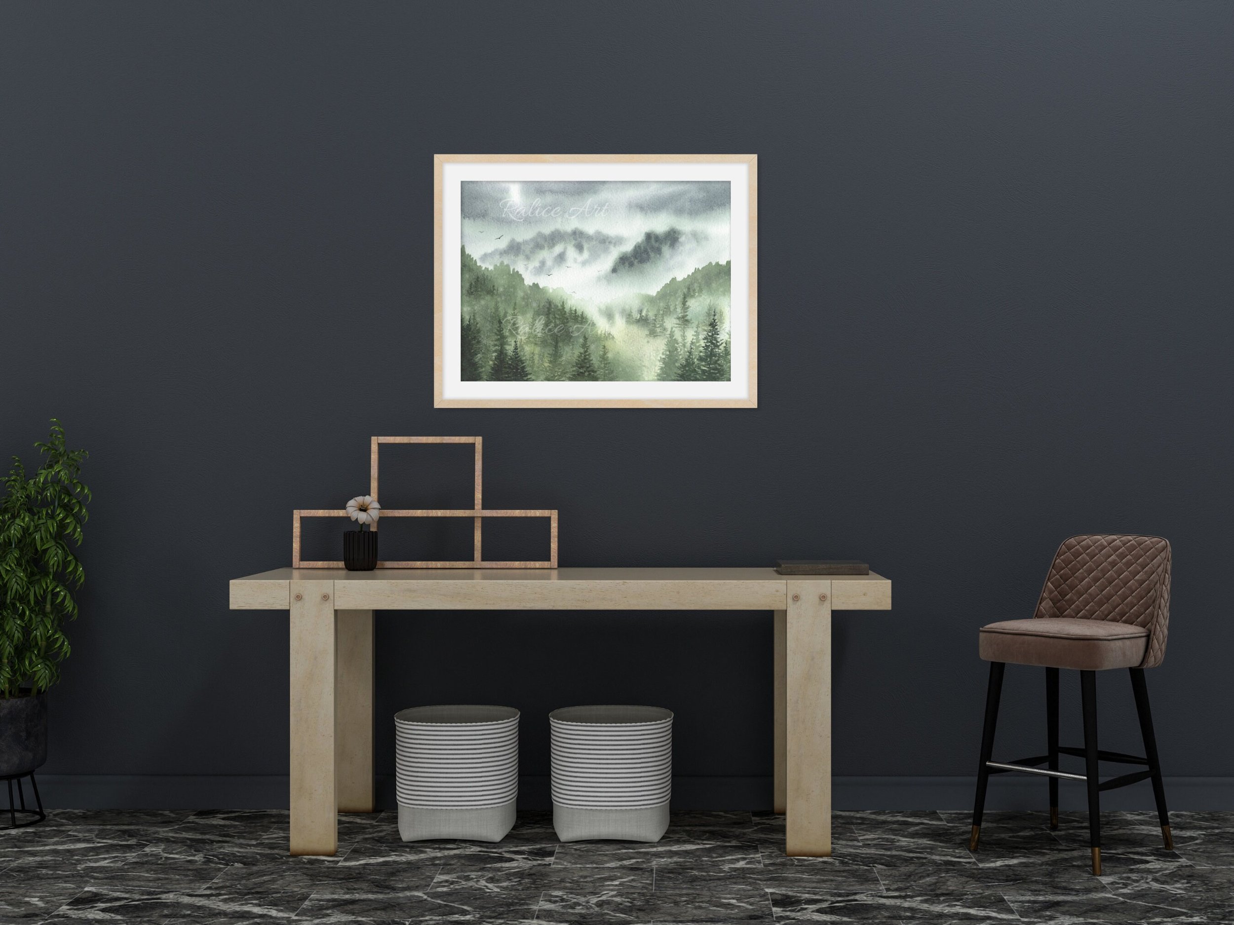 Misty Forest with Pine Trees Giclee Fine Art Print Printed on Luxurious Gallery-Quality Matte Paper in a Room Setting