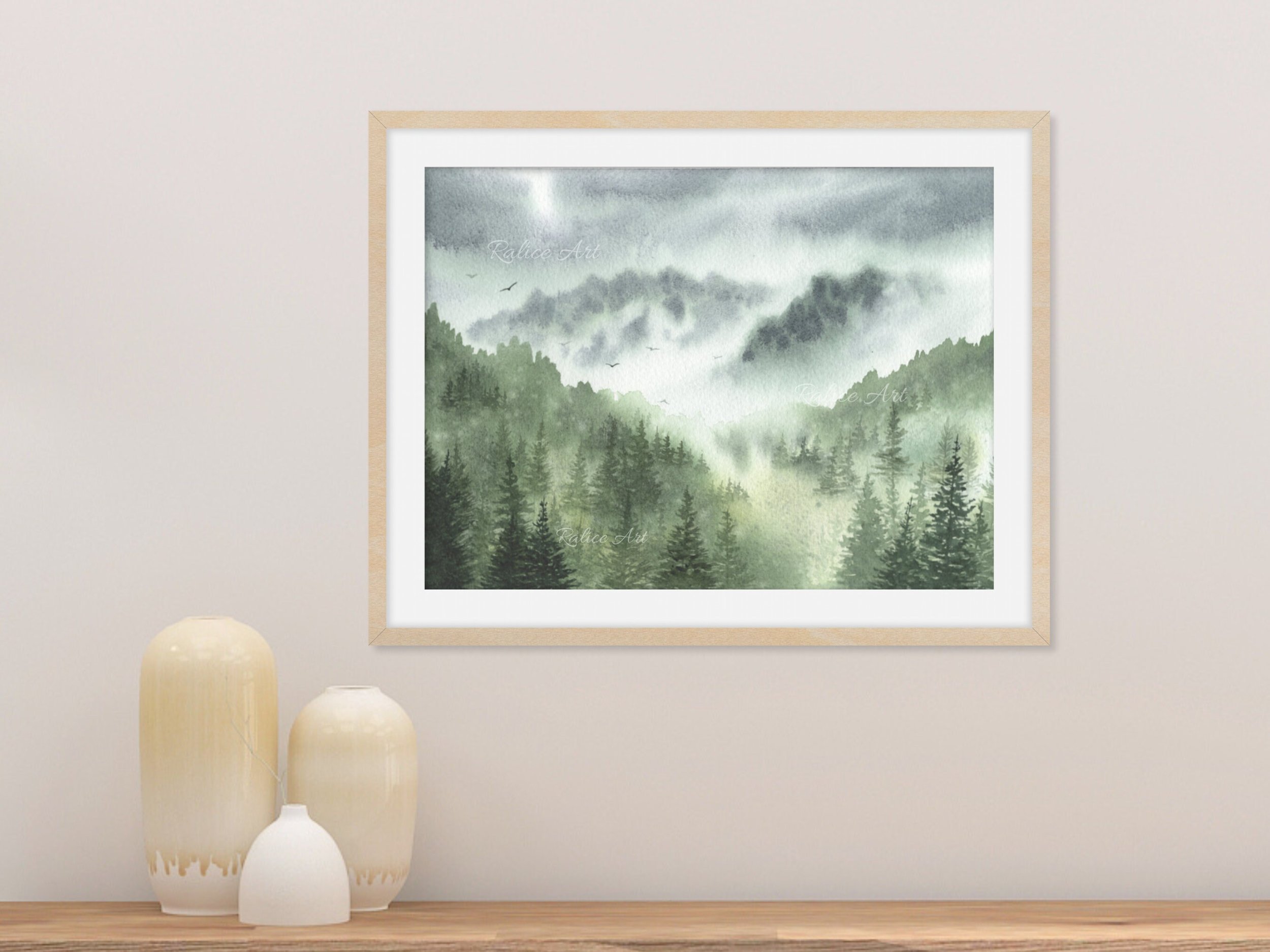 Misty Forest with Pine Trees Giclee Fine Art Print Printed on Luxurious Gallery-Quality Matte Paper on a Shelf