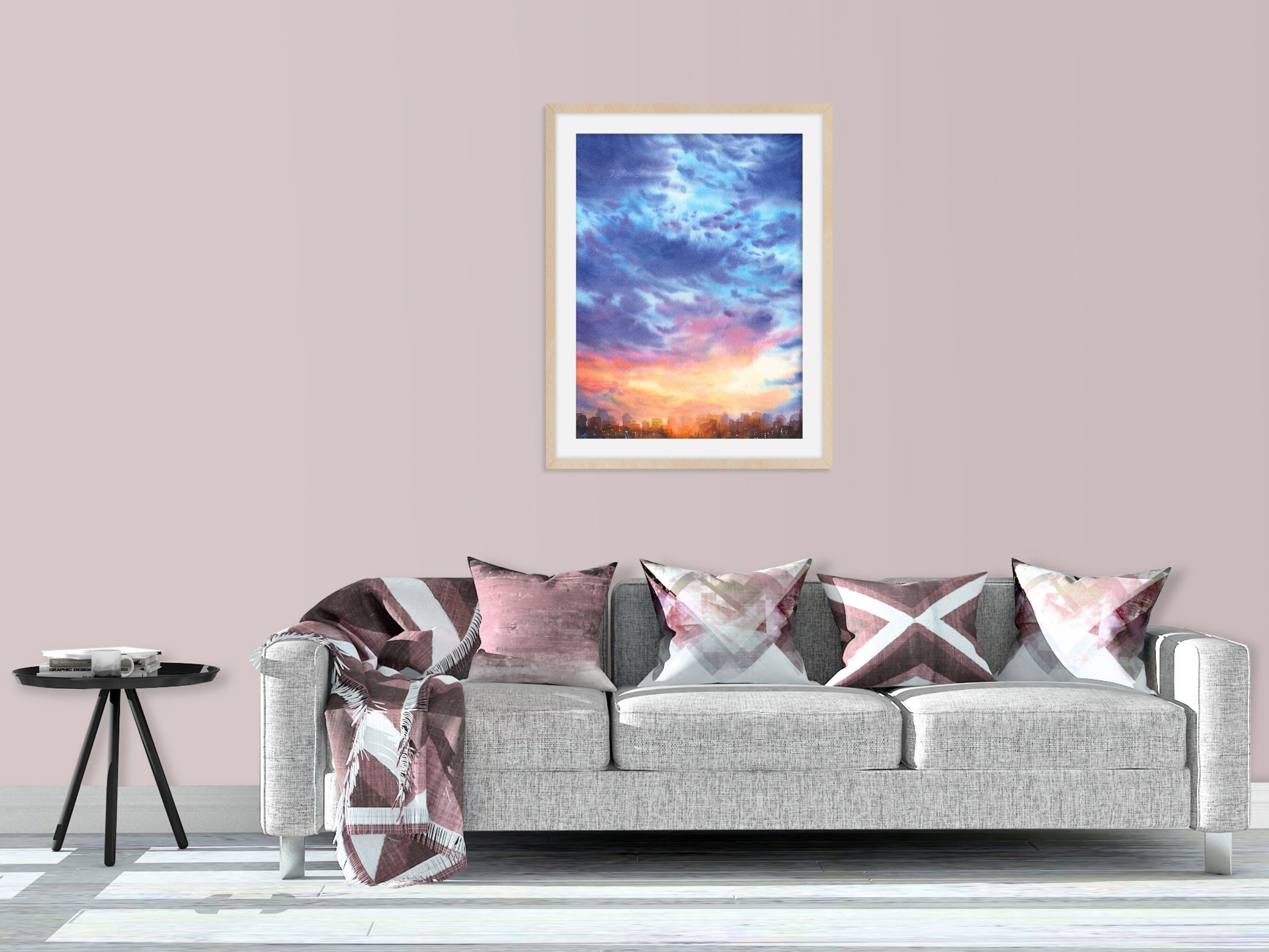 Blue Clouds Giclee Fine Art Print Printed on Luxurious Gallery-Quality Matte Paper in a Room Setting