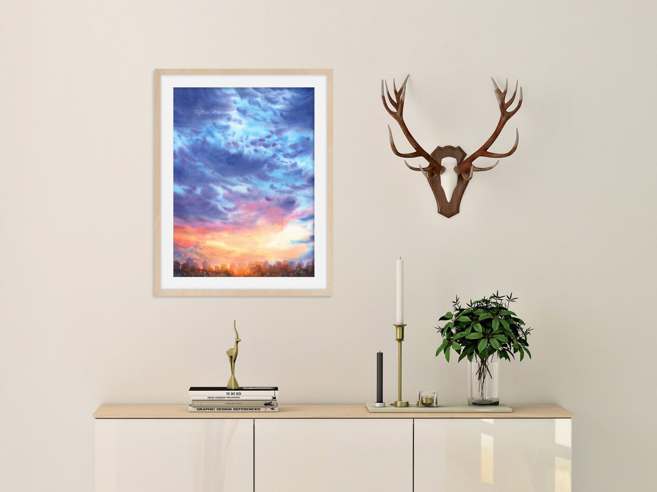 Blue Clouds Giclee Fine Art Print Printed on Luxurious Gallery-Quality Matte Paper in a Room Setting