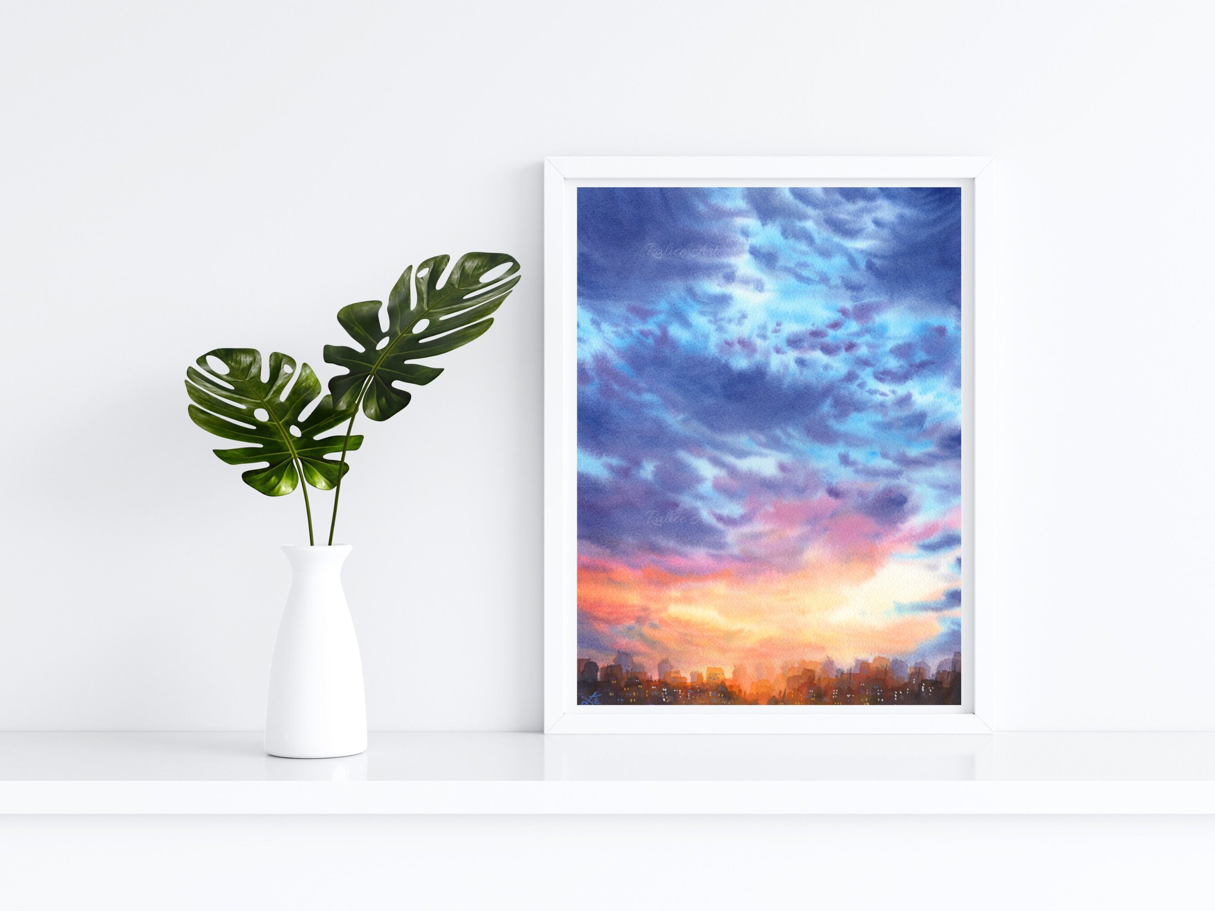 Blue Clouds Giclee Fine Art Print Printed on Luxurious Gallery-Quality Matte Paper Framed on a Shelf