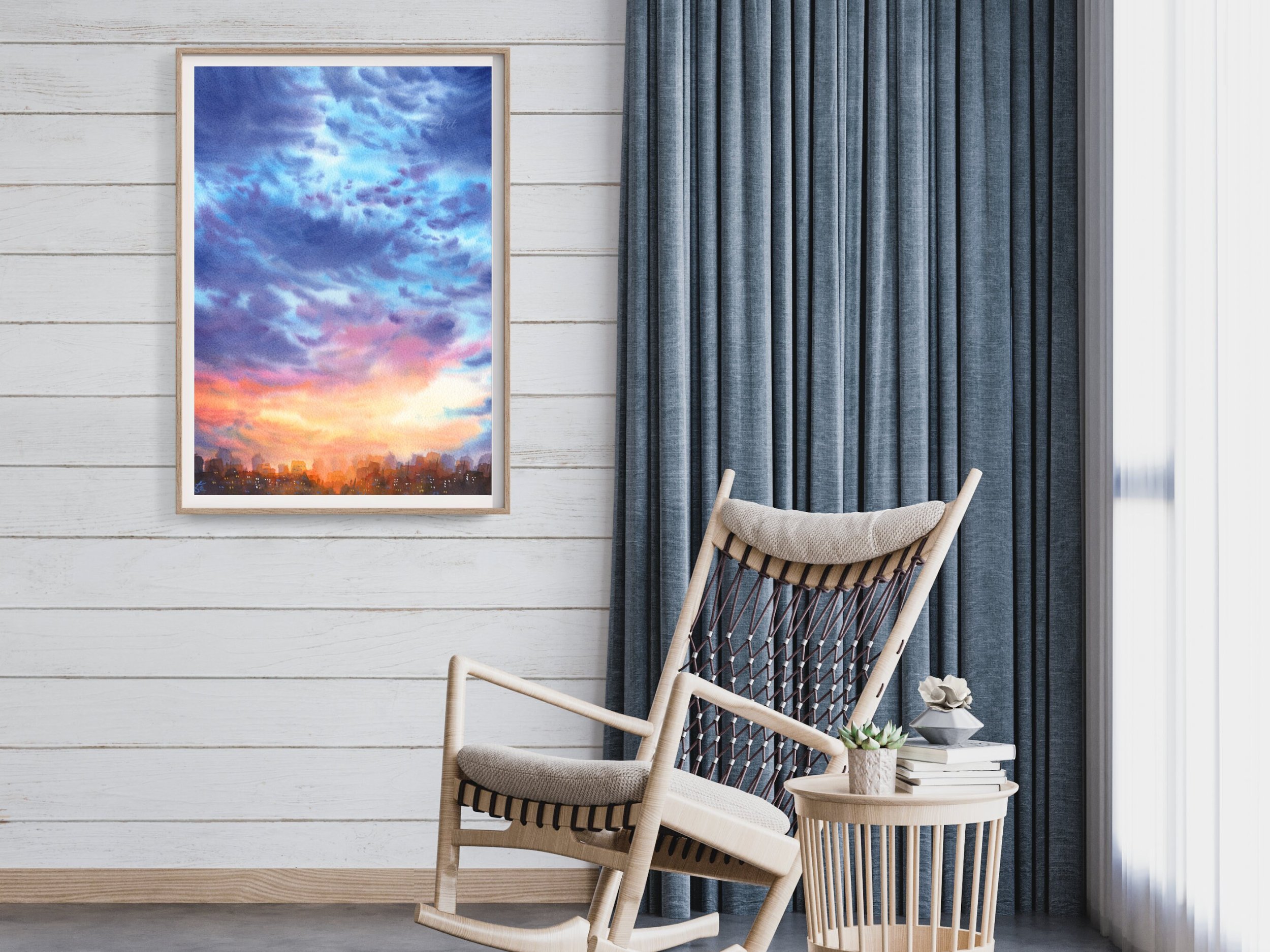 Blue Clouds Giclee Fine Art Print Printed on Luxurious Gallery-Quality Matte Paper in a Room Setting