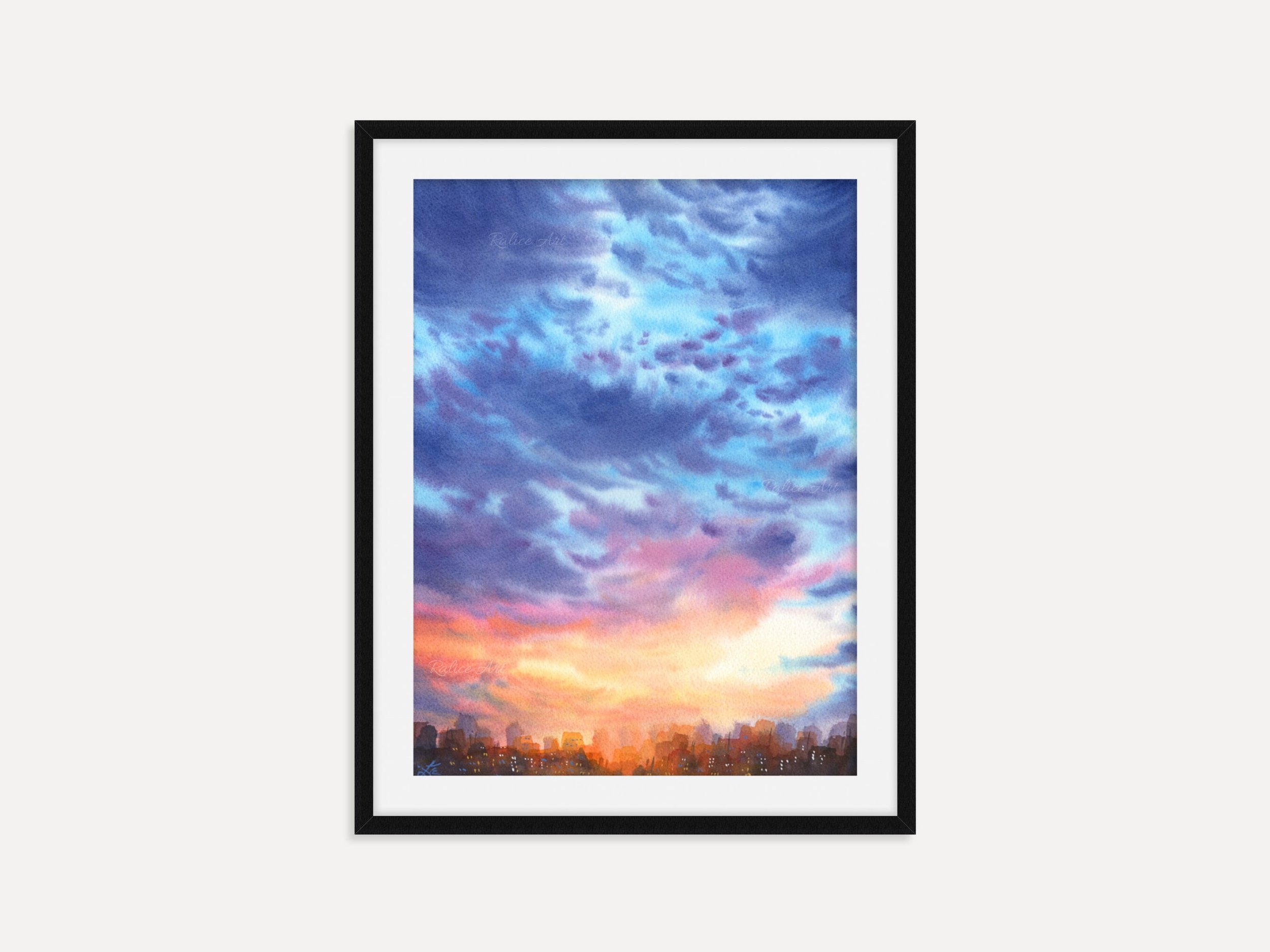 Blue Clouds Giclee Fine Art Print Printed on Luxurious Gallery-Quality Matte Paper Framed on a Wall