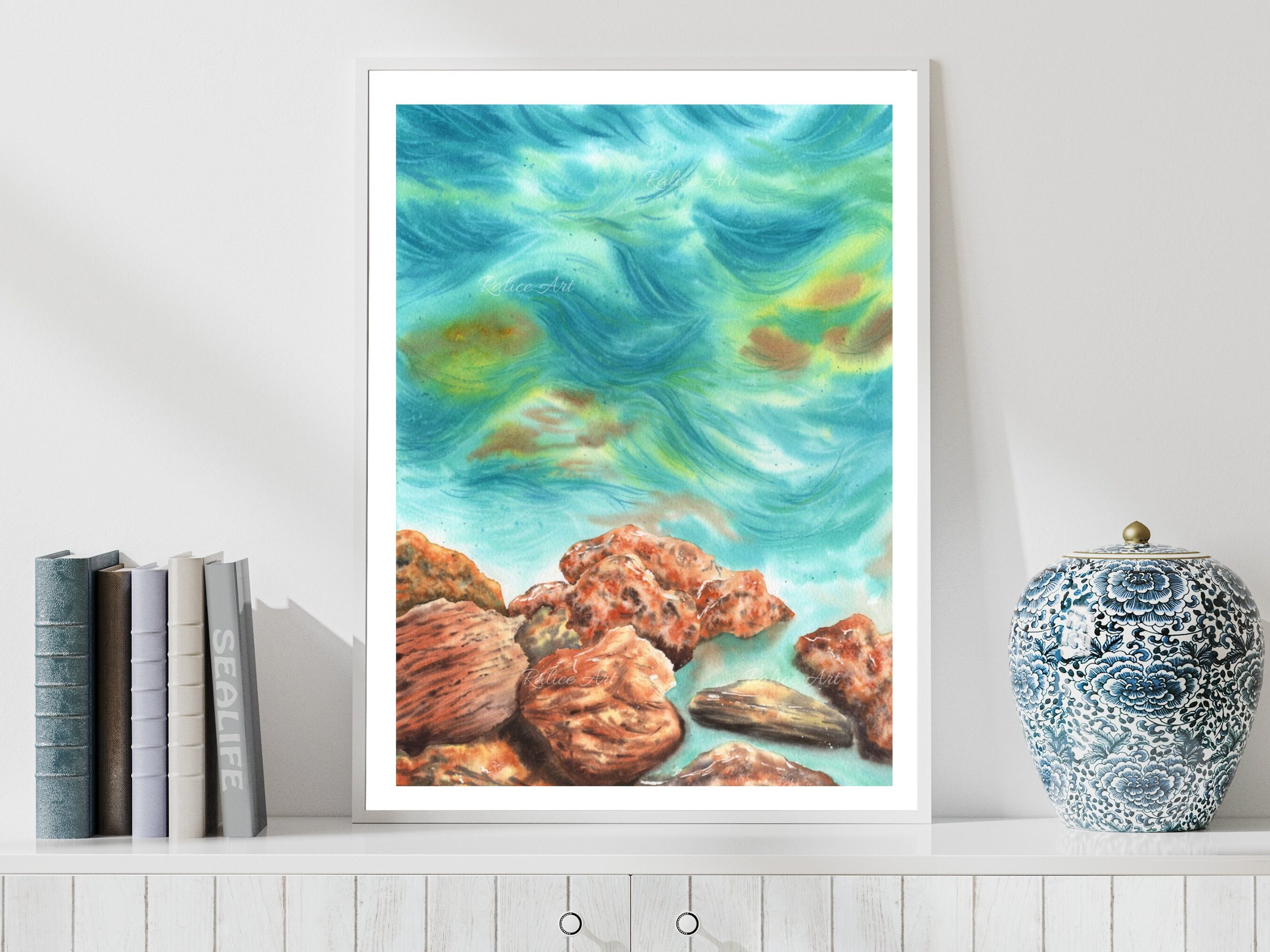 Rocky Seascape Giclee Fine Art Print Printed on Luxurious Gallery-Quality Matte Paper Framed on a Shelf