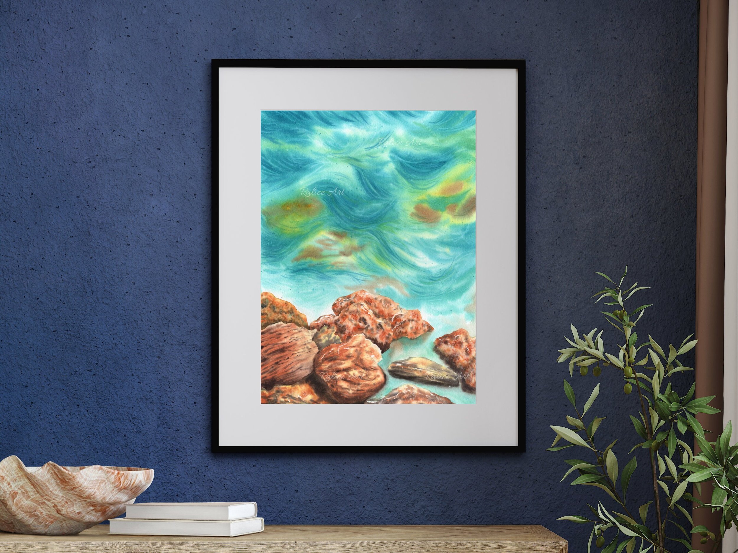 Rocky Seascape Giclee Fine Art Print Printed on Luxurious Gallery-Quality Matte Paper Framed on a Shelf