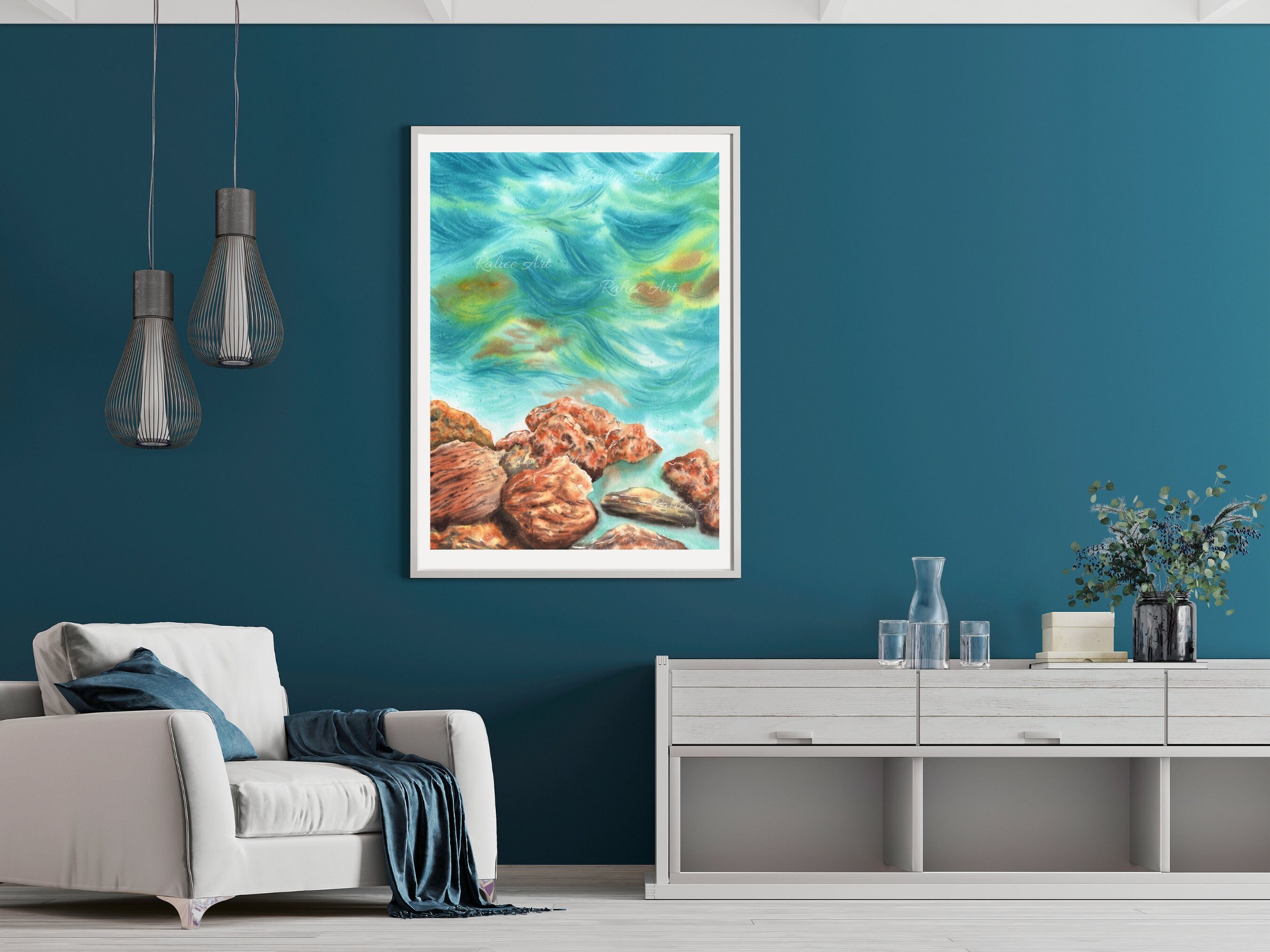Rocky Seascape Giclee Fine Art Print Printed on Luxurious Gallery-Quality Matte Paper Framed in a Living room