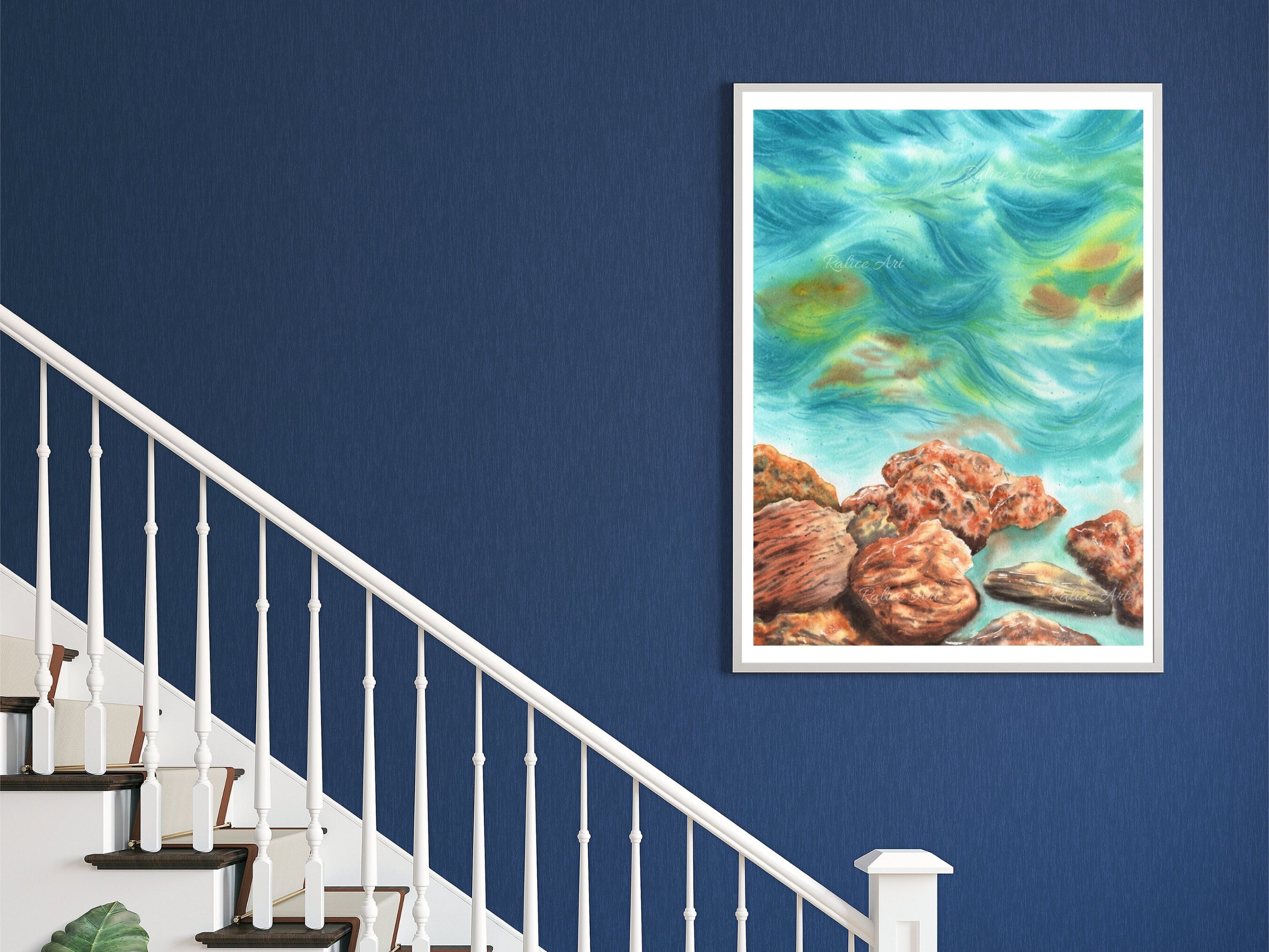 Rocky Seascape Giclee Fine Art Print Printed on Luxurious Gallery-Quality Matte Paper Framed on a wall in a hallway