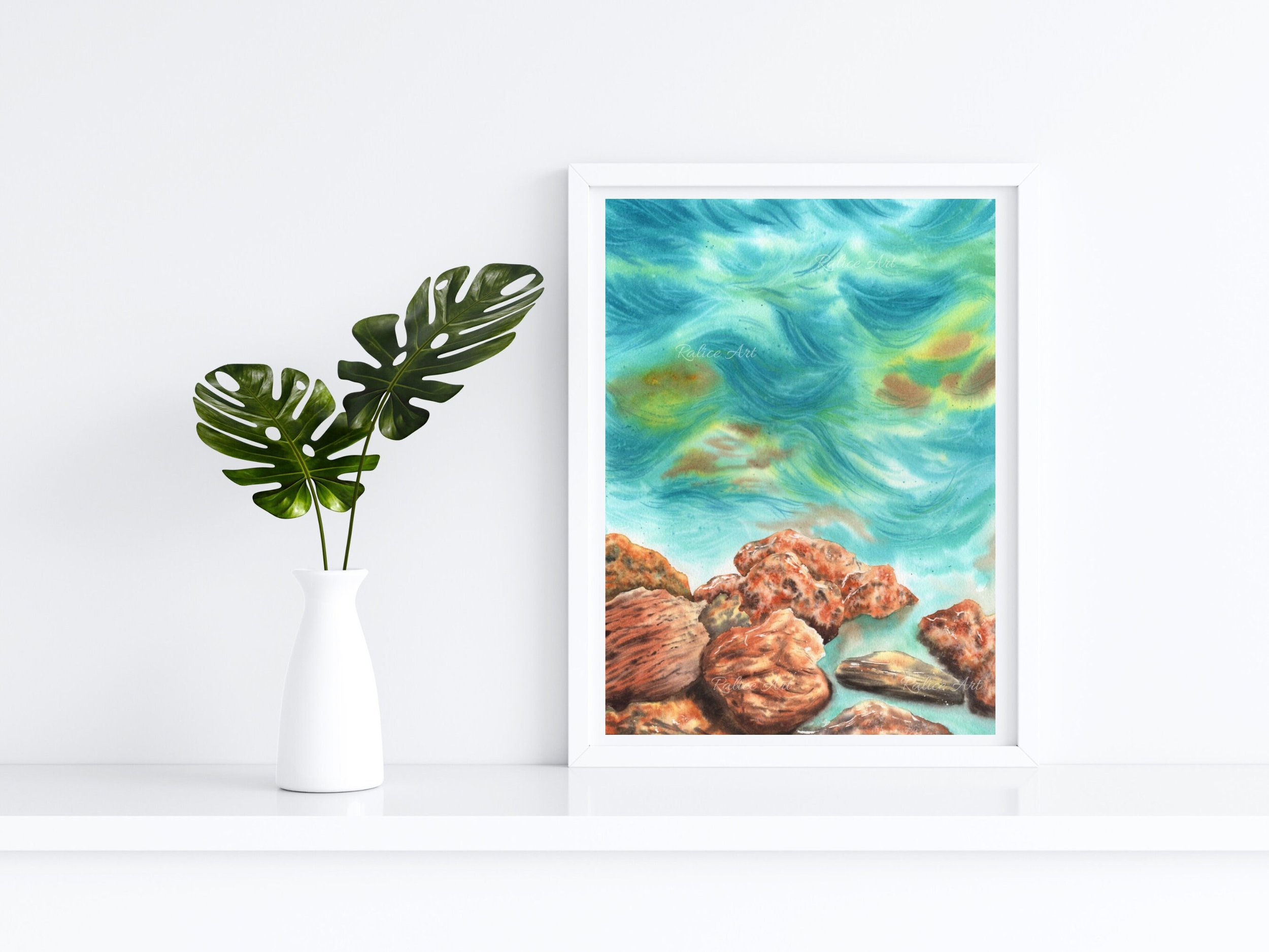 Rocky Seascape Giclee Fine Art Print Printed on Luxurious Gallery-Quality Matte Paper Framed on a Shelf