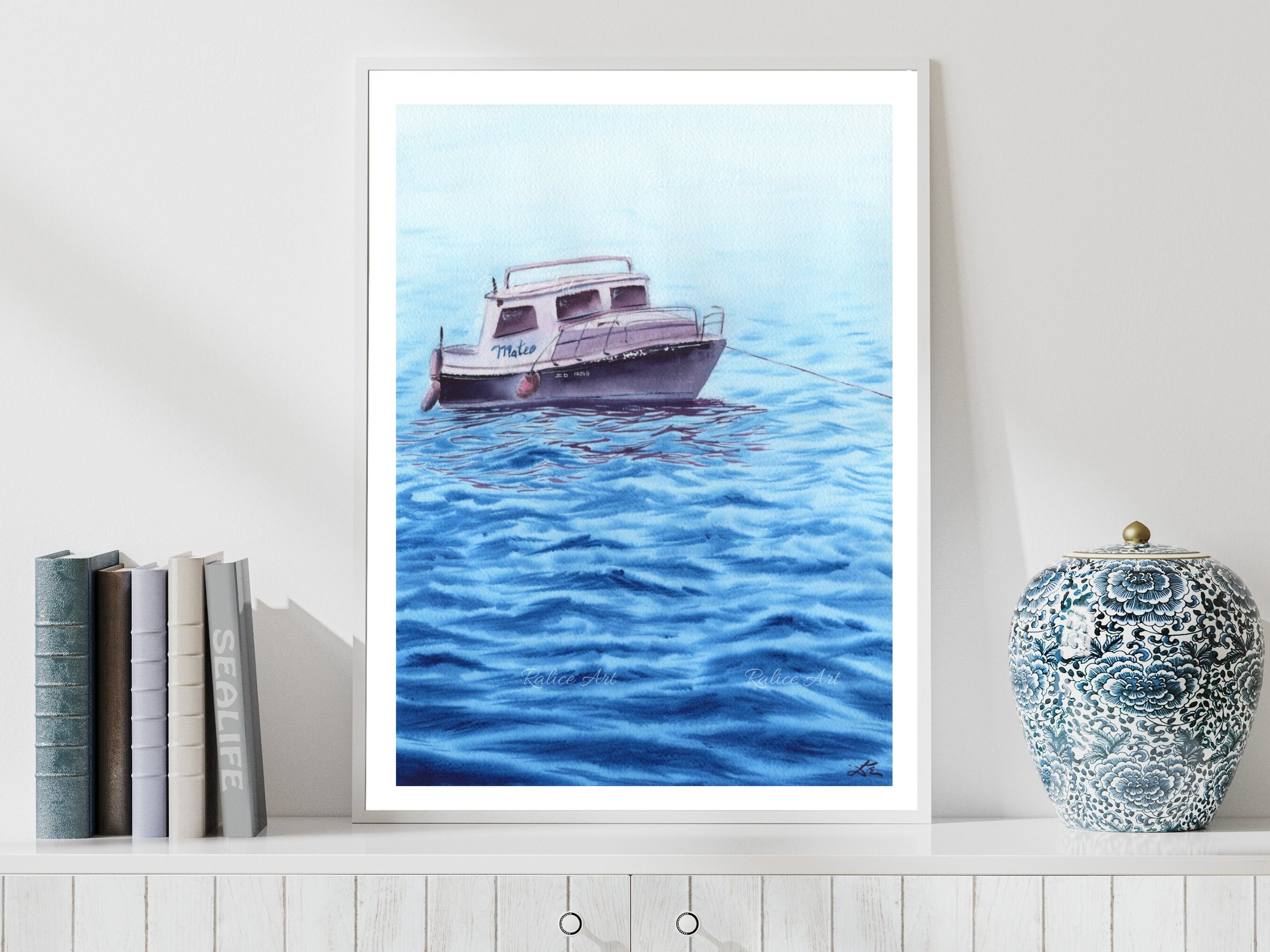 Mateo Fishing Boat Painting Giclée Fine Art Print inspired by Peaceful Fishing Moments Framed Closeup on a Shelf