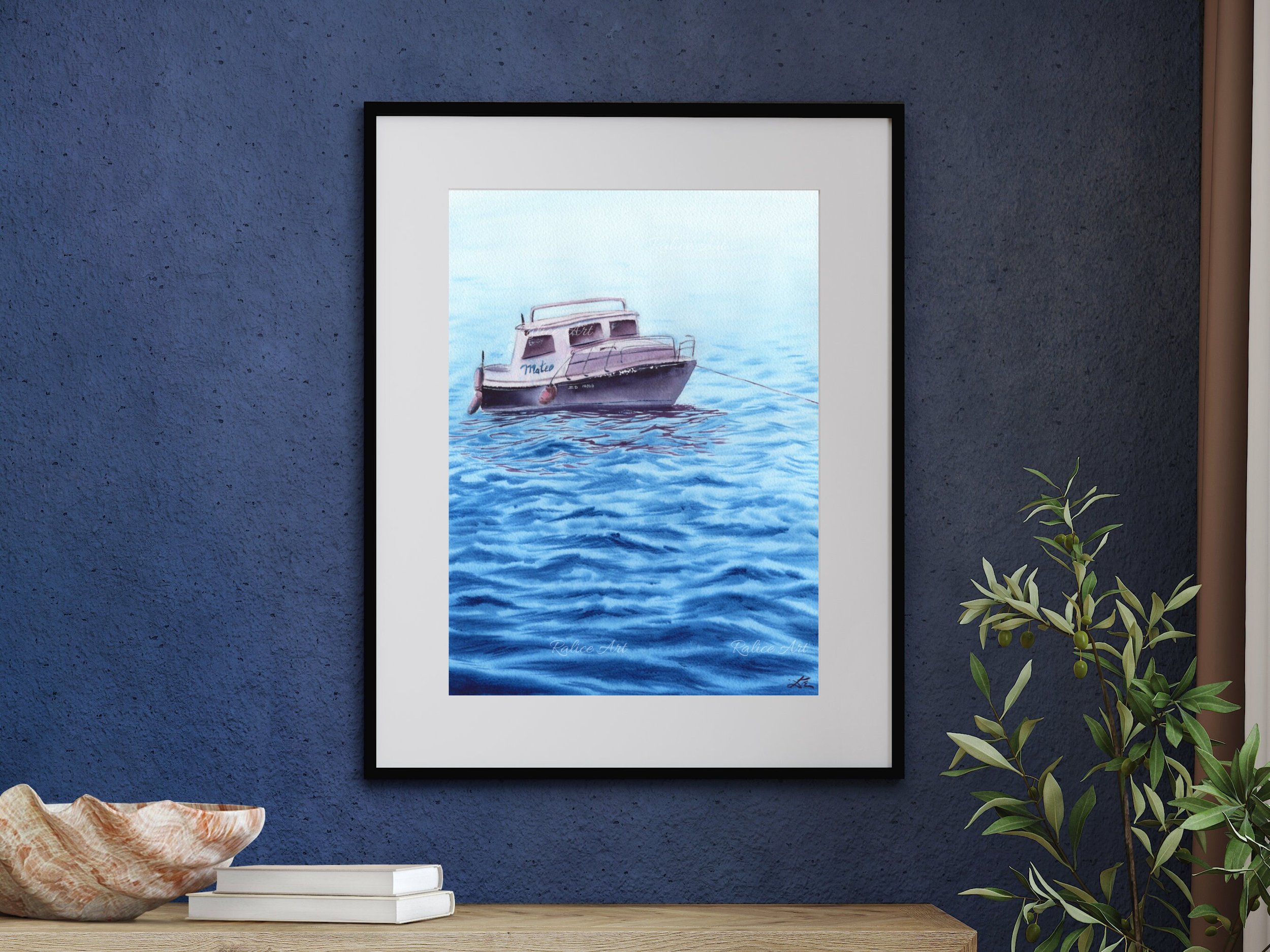 Mateo Fishing Boat Painting Giclée Fine Art Print inspired by Peaceful Fishing Moments Framed Closeup on a Shelf