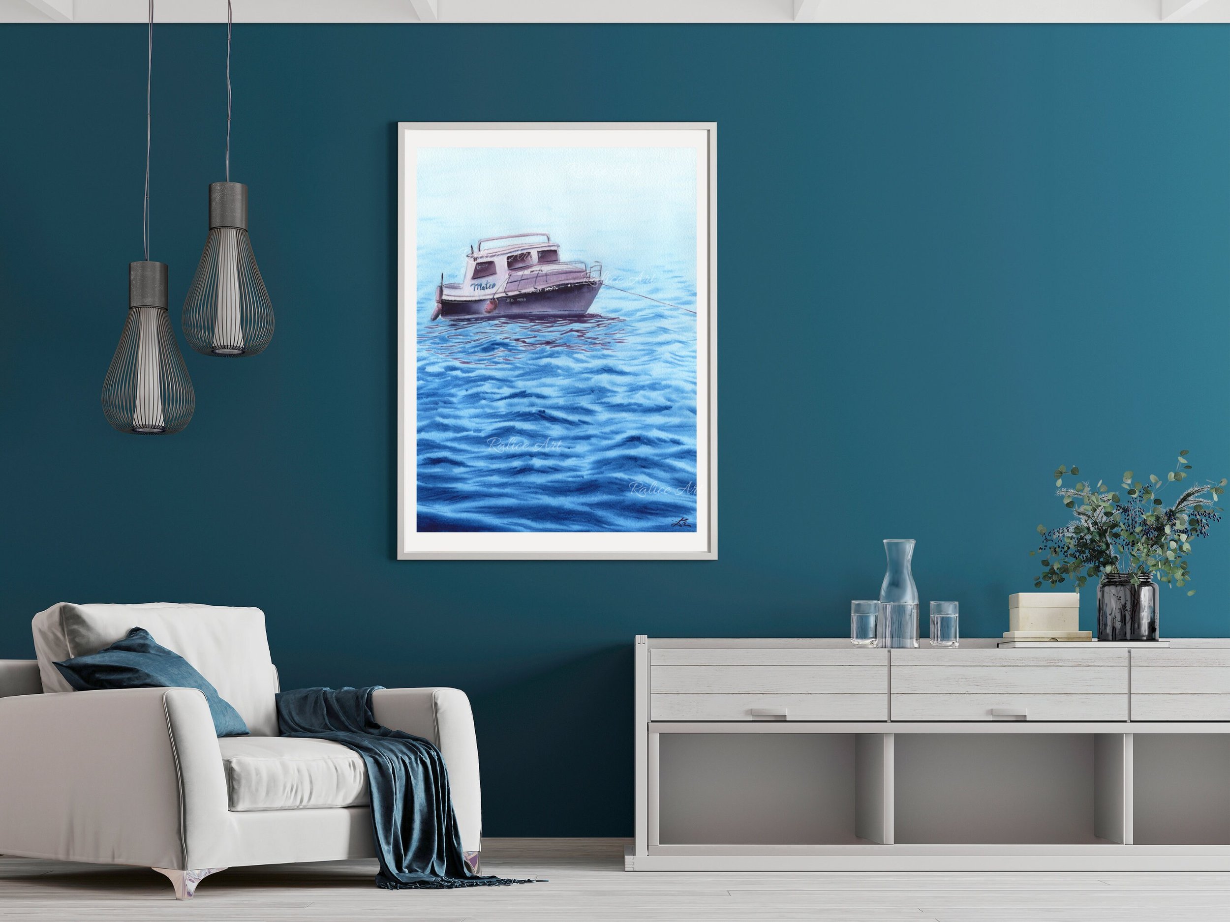 Mateo Fishing Boat Painting Giclée Fine Art Print inspired by Peaceful Fishing Moments Framed in a Living Room
