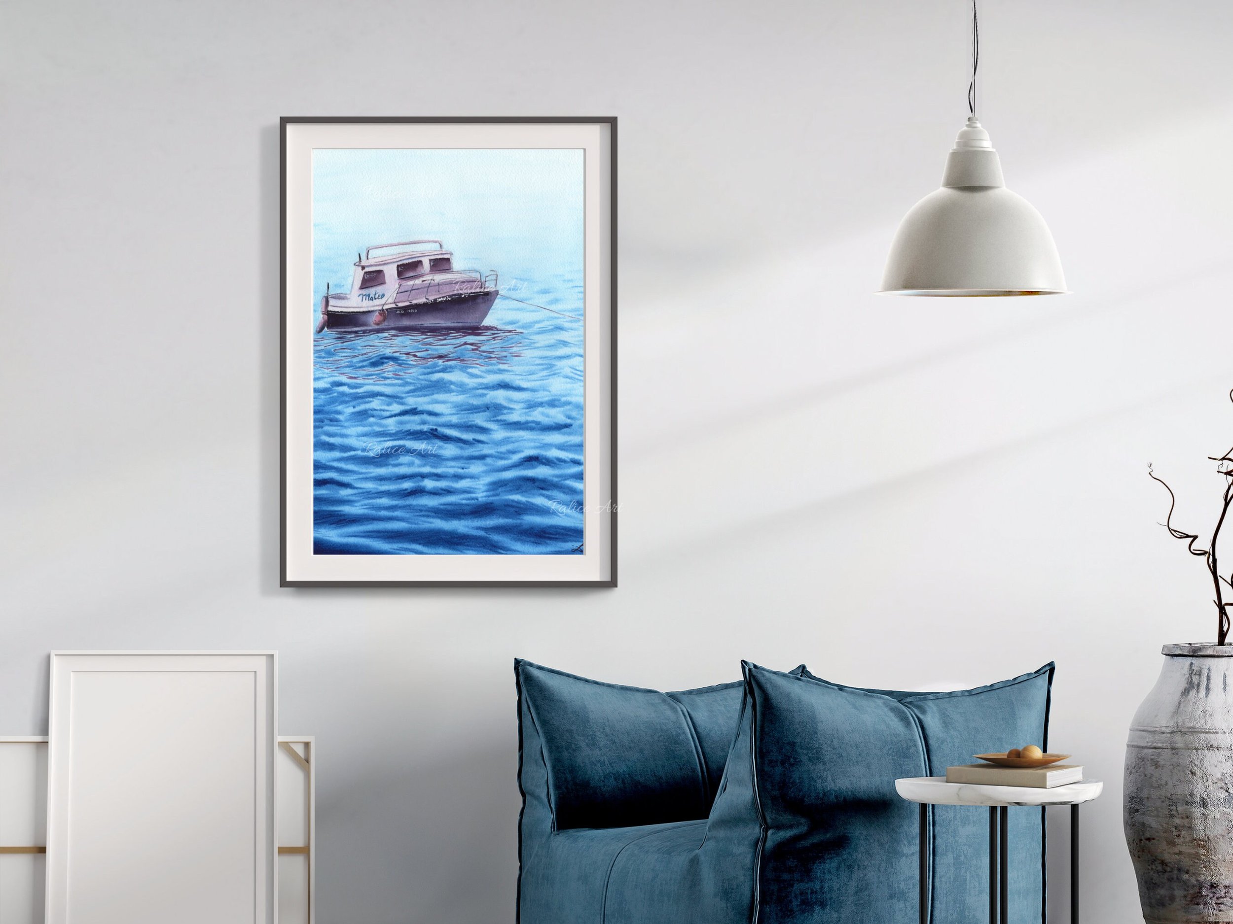 Mateo Fishing Boat Painting Giclée Fine Art Print inspired by Peaceful Fishing Moments Framed in a Living Room
