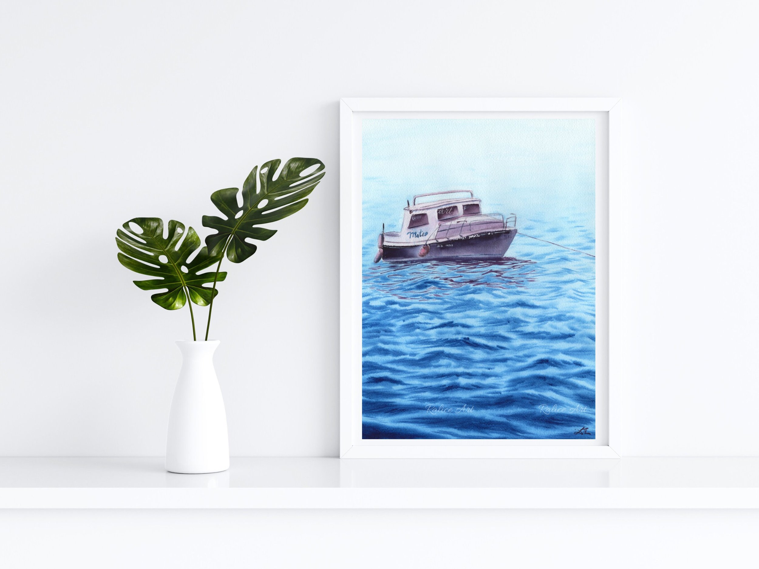 Mateo Fishing Boat Painting Giclée Fine Art Print inspired by Peaceful Fishing Moments Framed Closeup on a Shelf