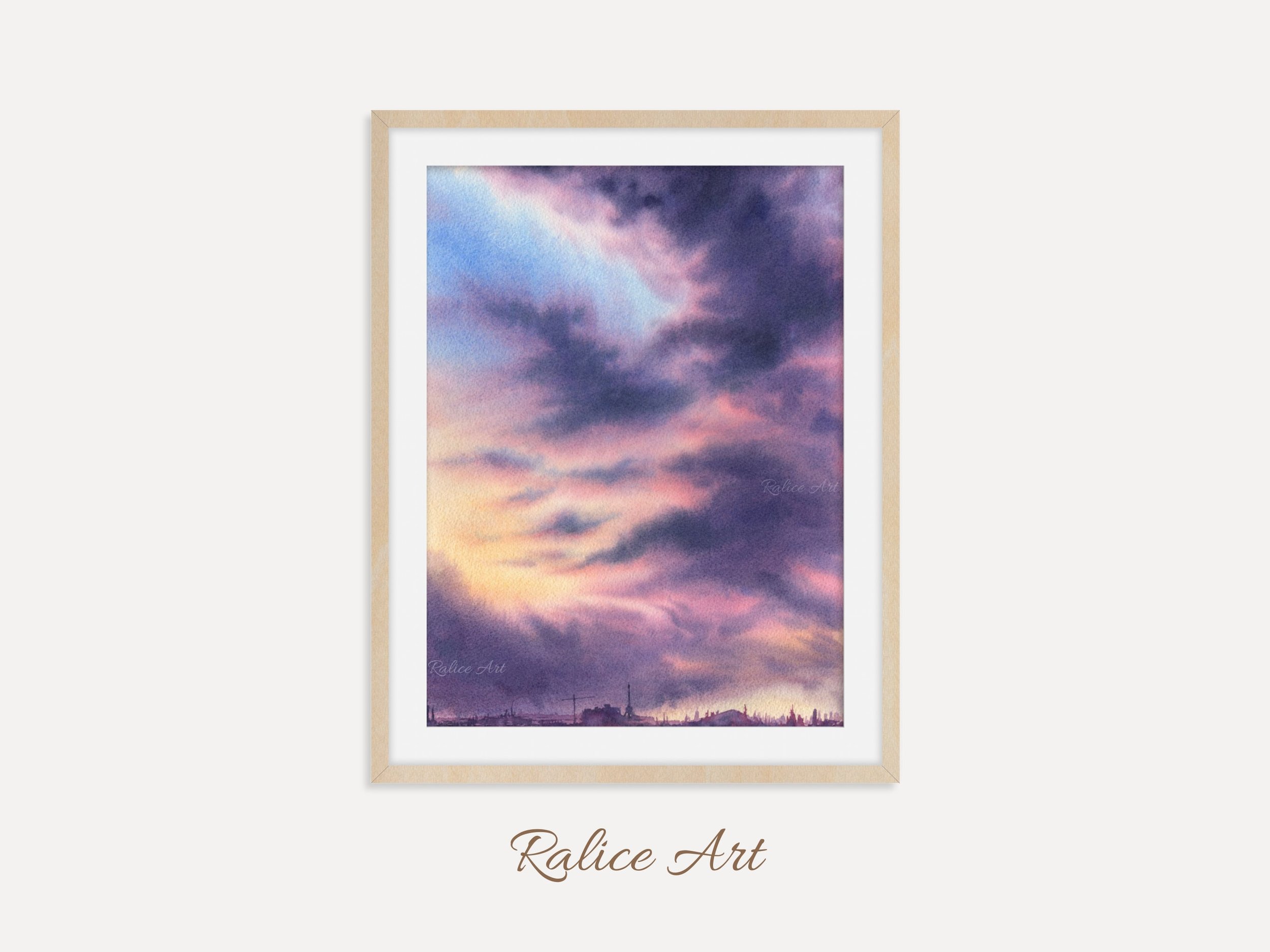 Large Purple Clouds Giclee Fine Art Print Printed on Luxurious Gallery-Quality Matte Paper Framed Closeup on a Wall