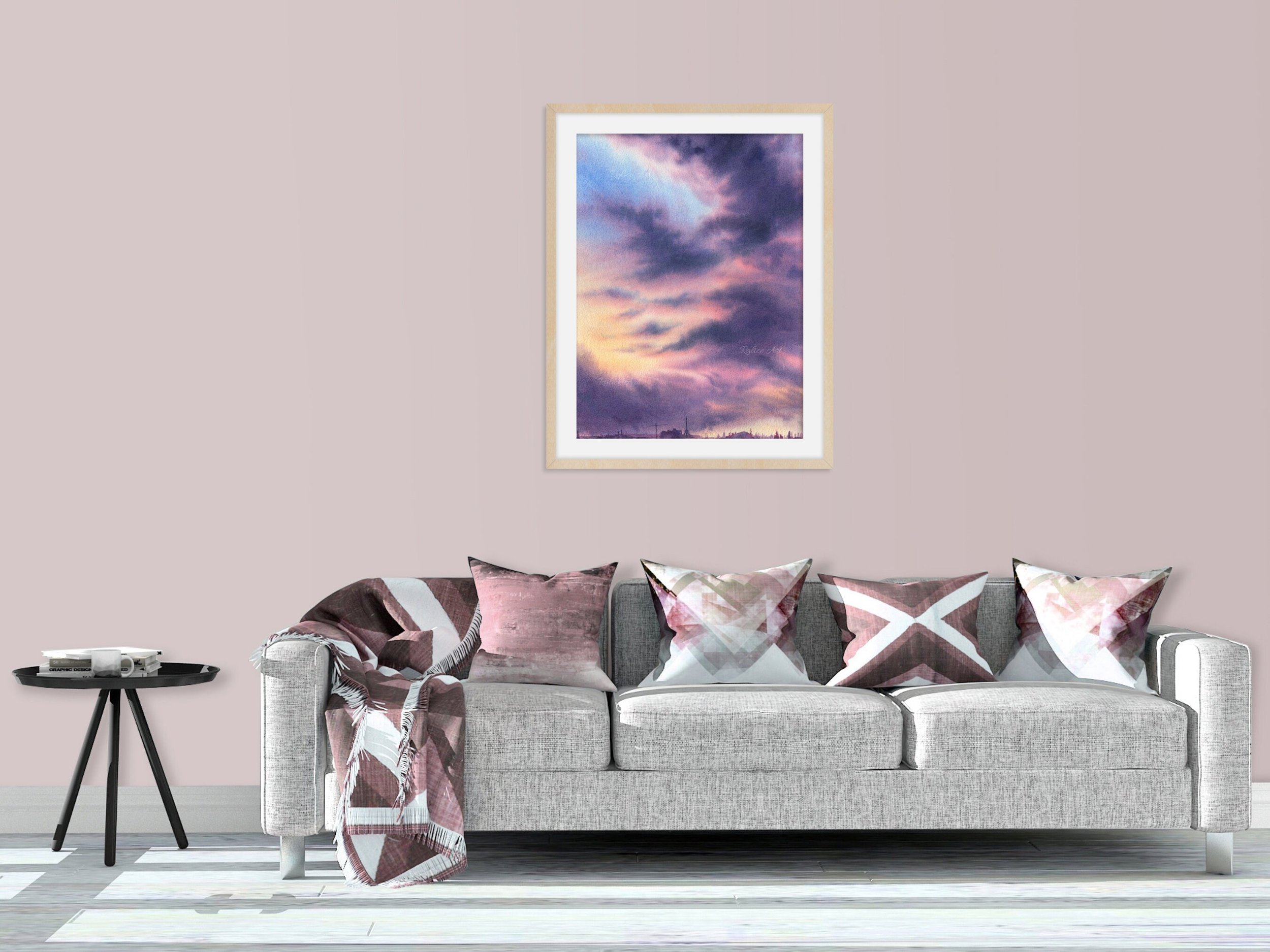 Large Purple Clouds Giclee Fine Art Print Printed on Luxurious Gallery-Quality Matte Paper Framed Closeup in a living room