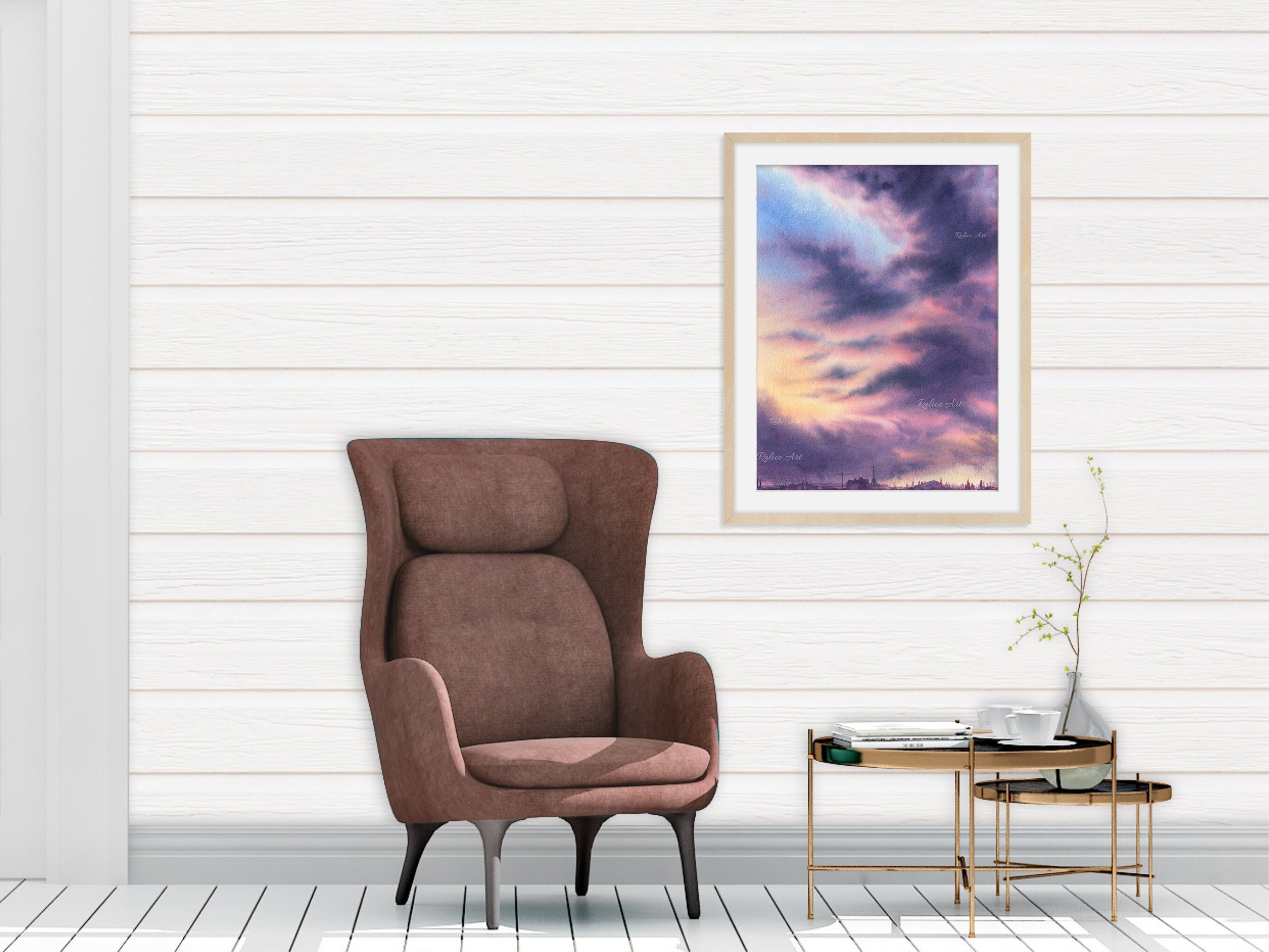 Large Purple Clouds Giclee Fine Art Print Printed on Luxurious Gallery-Quality Matte Paper Framed Closeup in a living room