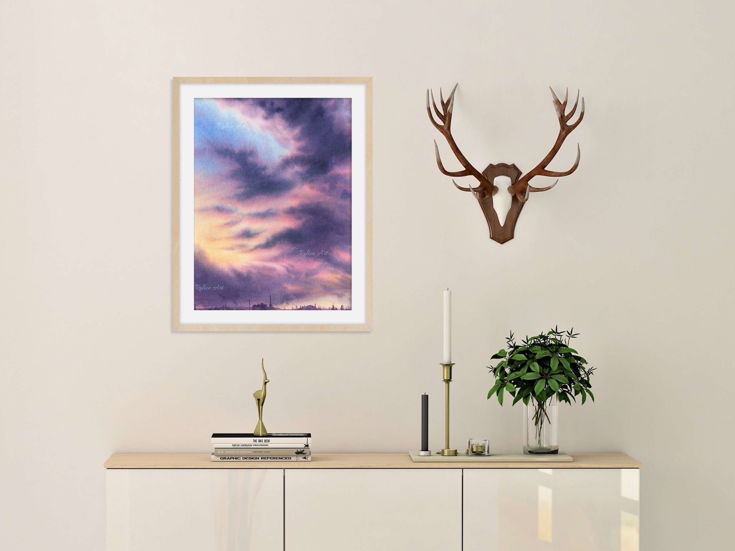 Large Purple Clouds Giclee Fine Art Print Printed on Luxurious Gallery-Quality Matte Paper Framed Closeup in a hallway