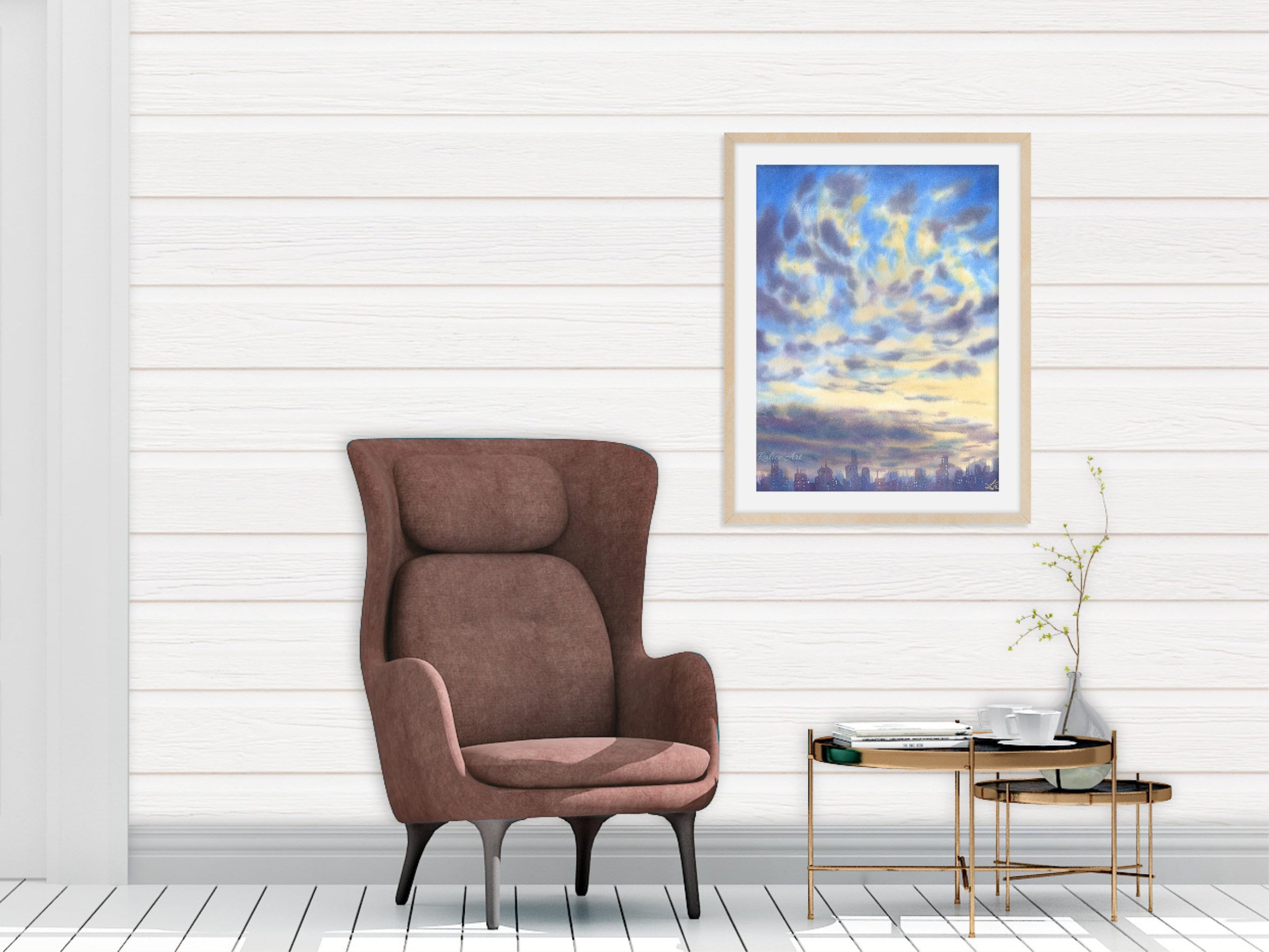 Cotton Clouds is a Giclée Fine Art Print that Captures the Magic of Sunrise and Sunset in the City framed in a living room