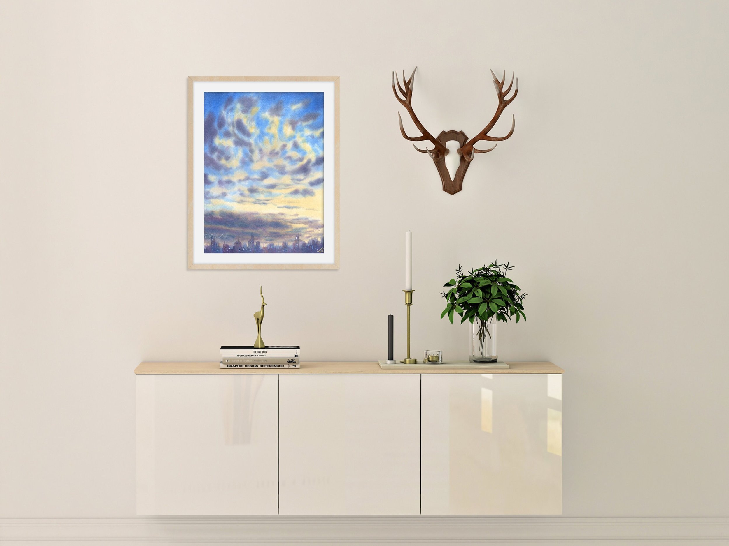 Cotton Clouds is a Giclée Fine Art Print that Captures the Magic of Sunrise and Sunset in the City framed in a living room