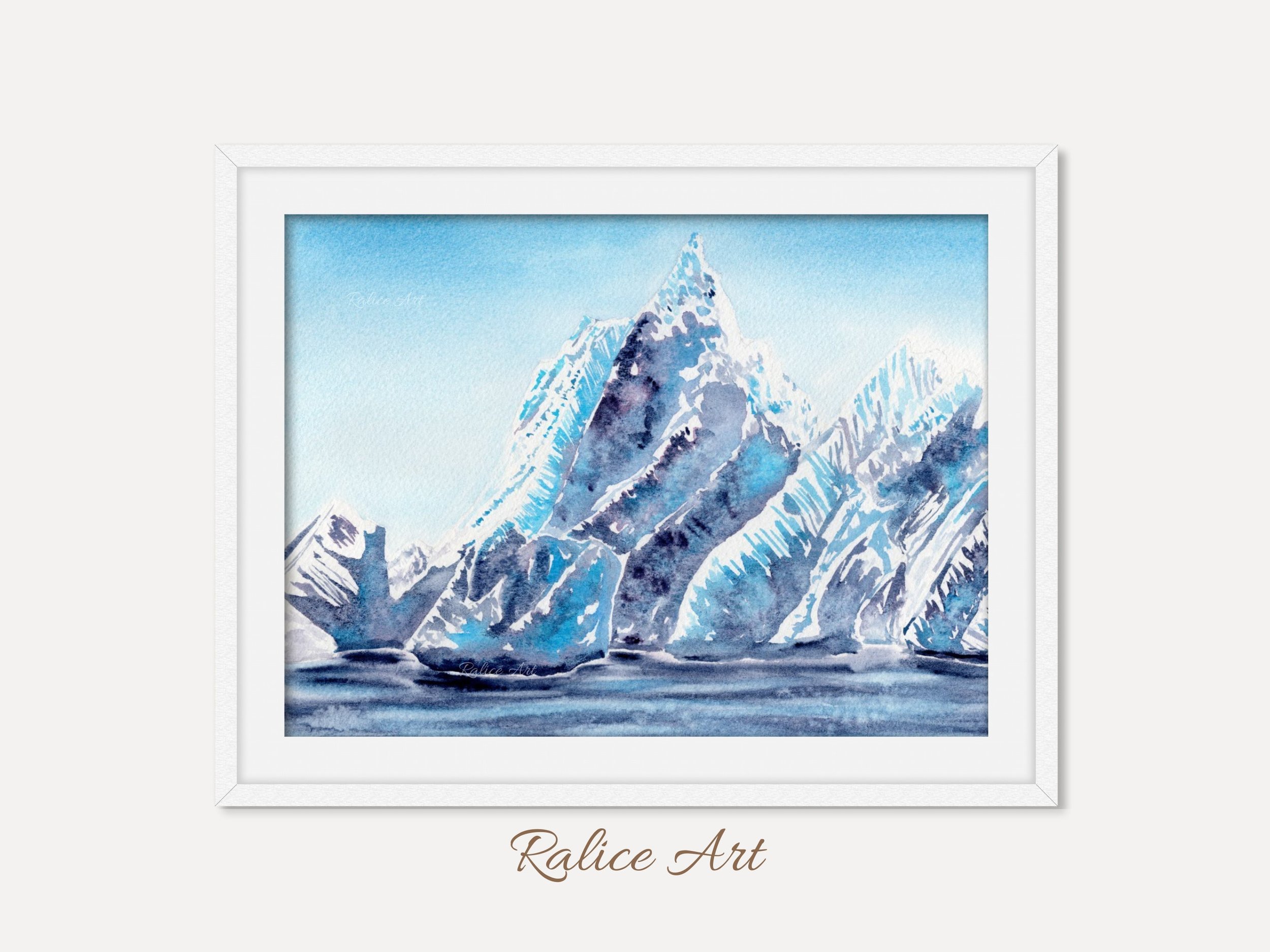 Cobalt Glacier Giclée Fine Art Print is Watercolor that Transports You to a Mountain Wonderland. on a wall setting