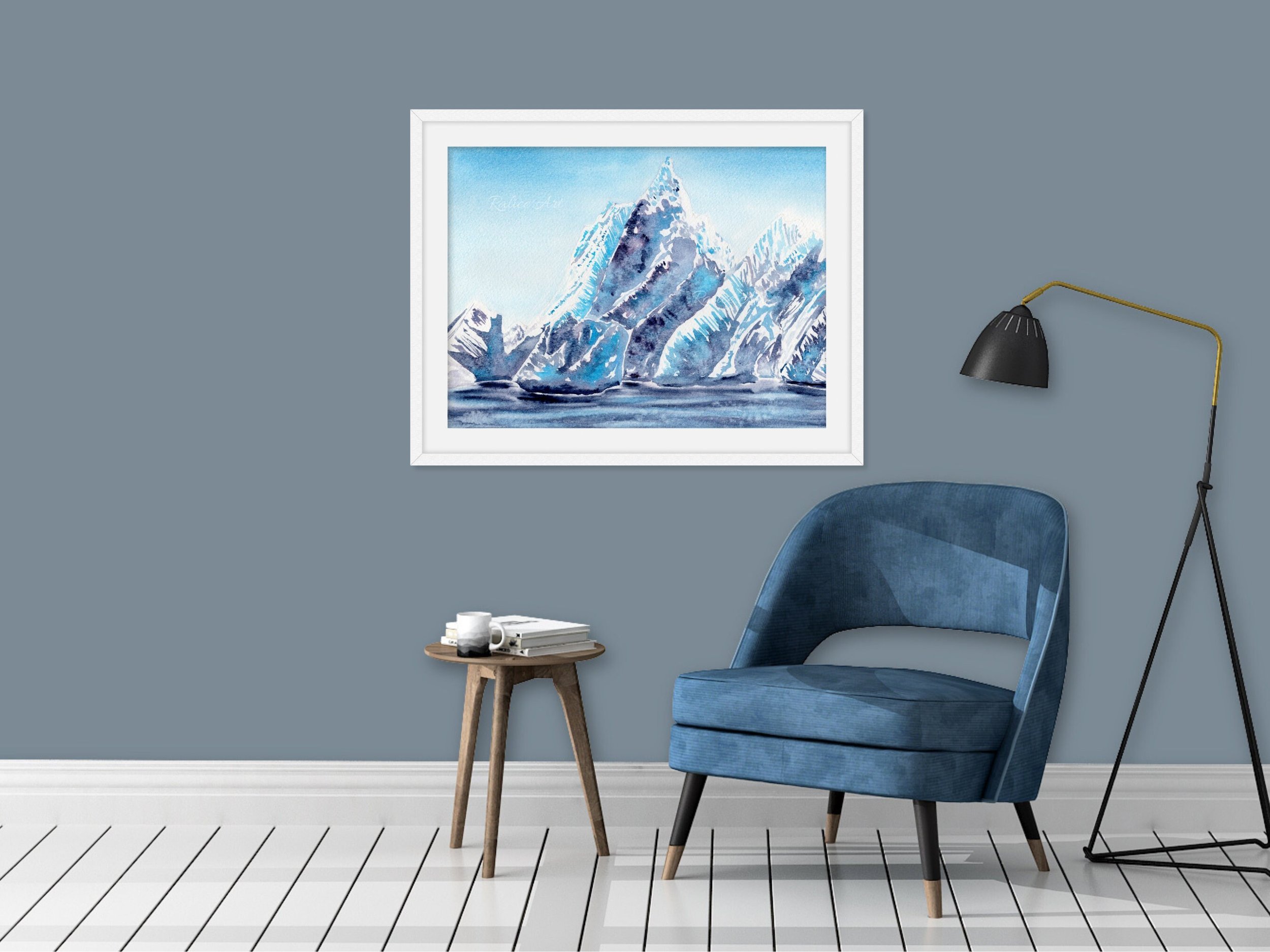 Cobalt Glacier Giclée Fine Art Print is Watercolor that Transports You to a Mountain Wonderland. in a living room