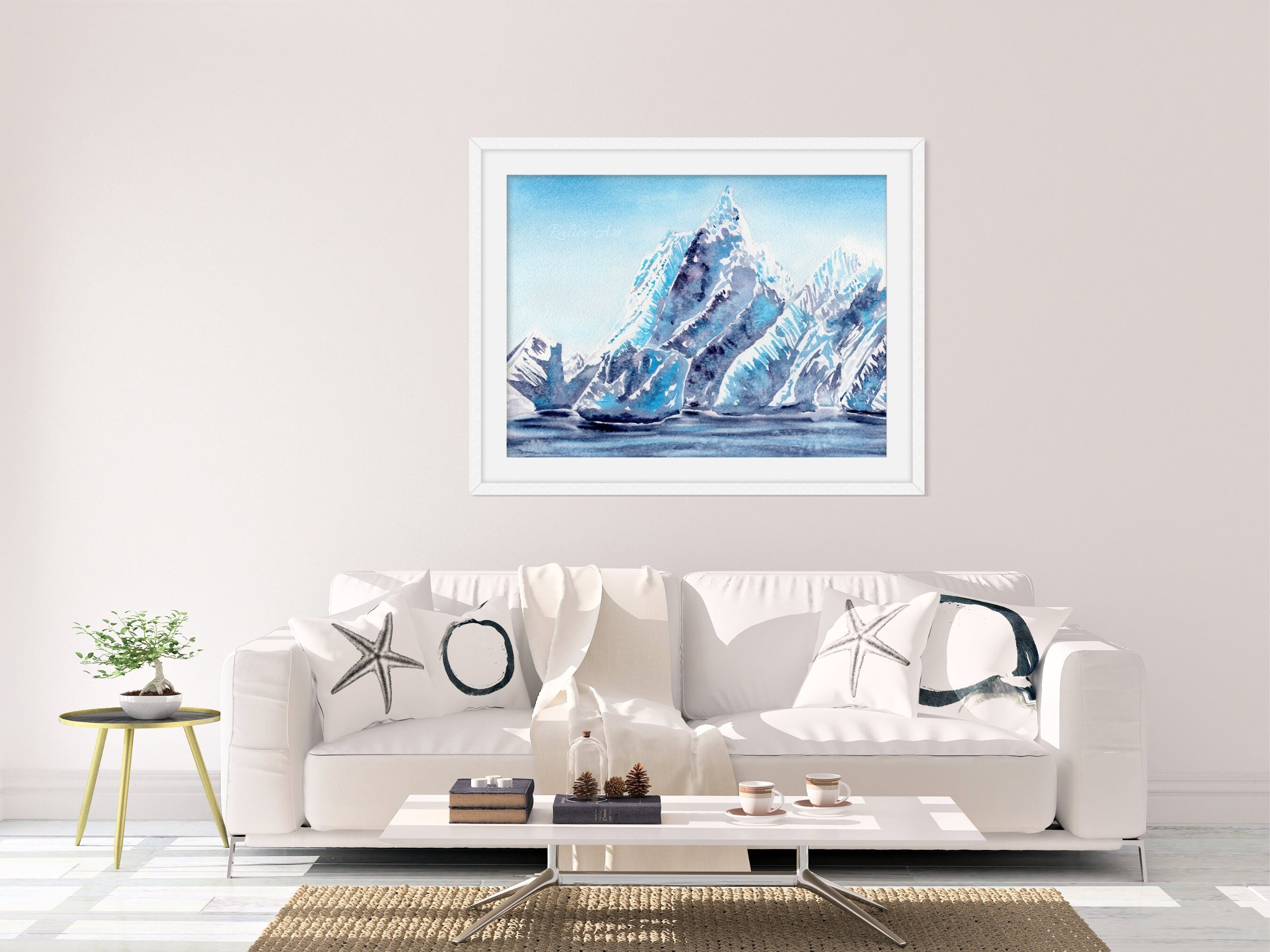 Cobalt Glacier Giclée Fine Art Print is Watercolor that Transports You to a Mountain Wonderland. in a living room