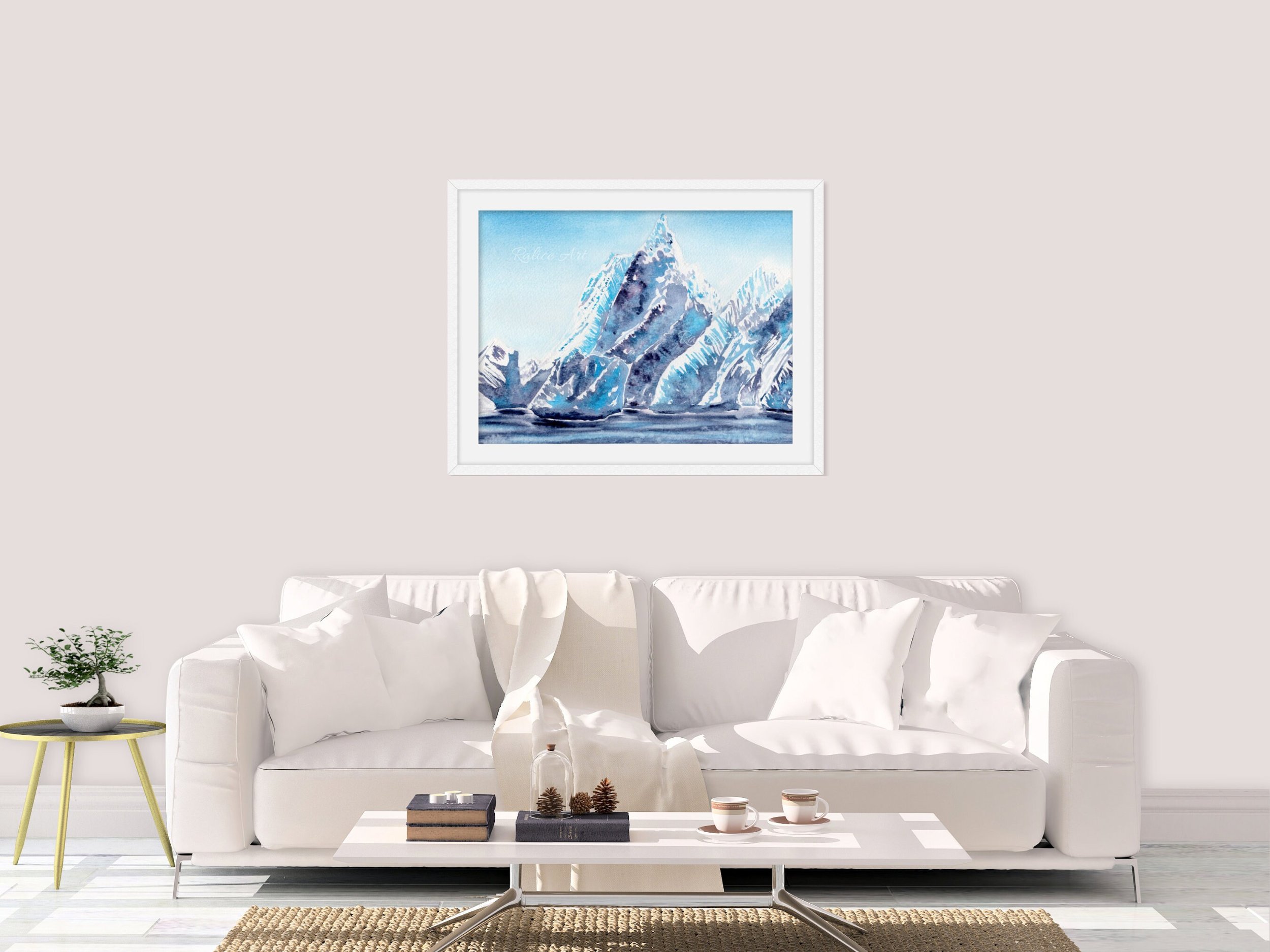Cobalt Glacier Giclée Fine Art Print is Watercolor that Transports You to a Mountain Wonderland. in a living room