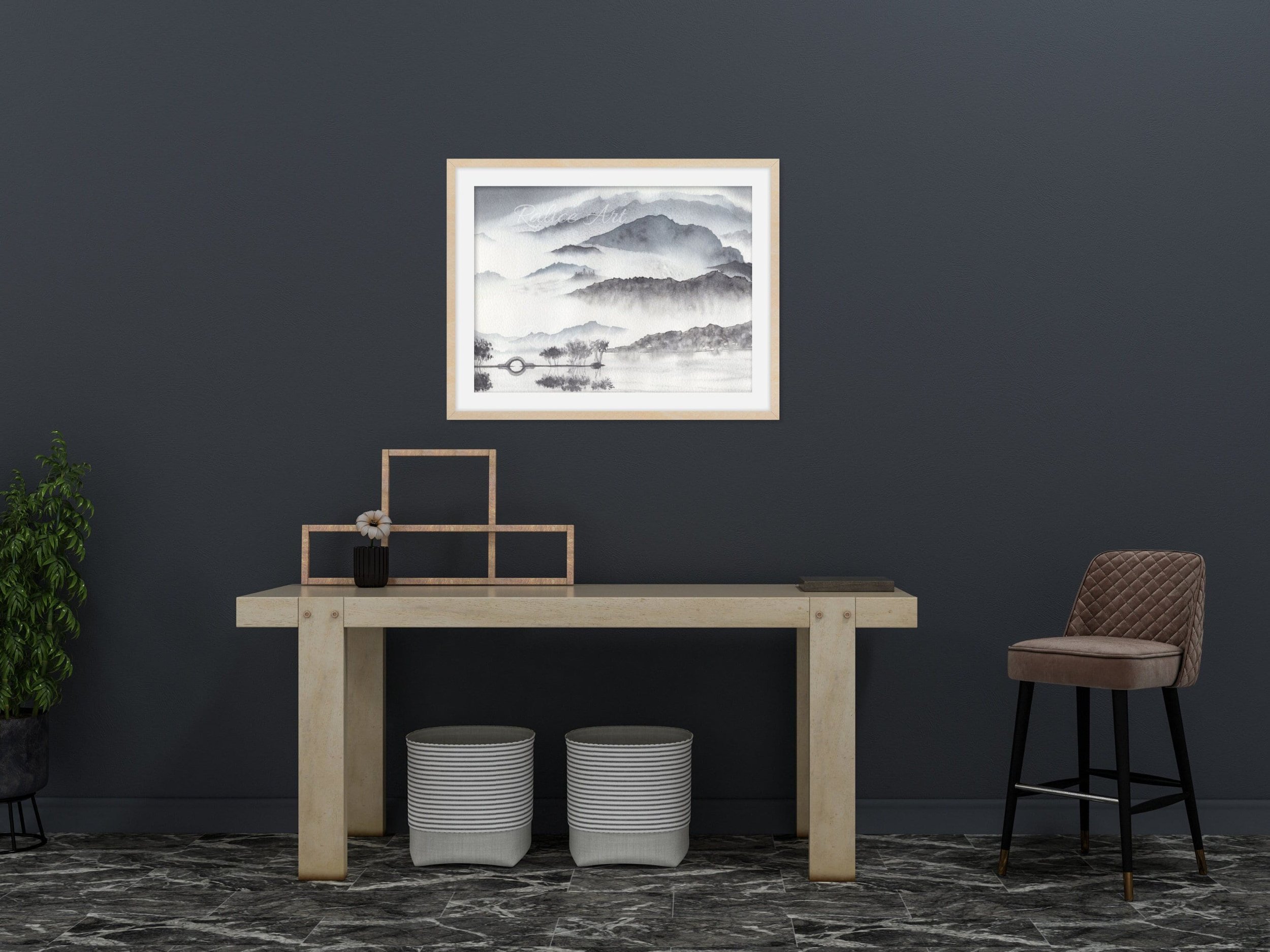 Monochromatic Misty Mountains Wall Art Foggy Japanese Mountain Giclée Fine Art Print Framed Closeup in a Living Room