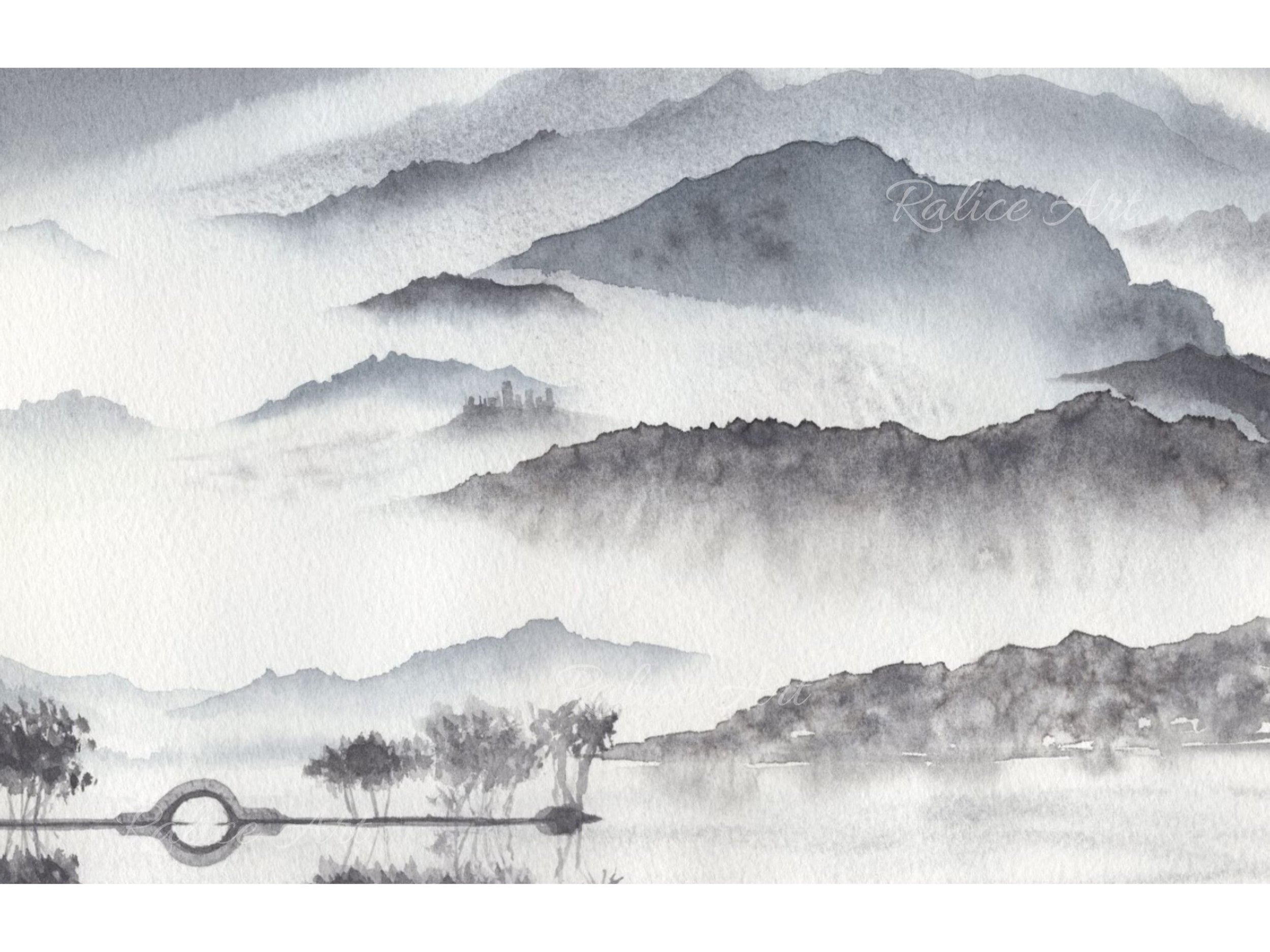 Monochromatic Misty Mountains Wall Art Foggy Japanese Mountain Giclée Fine Art Print Unframed Closeup