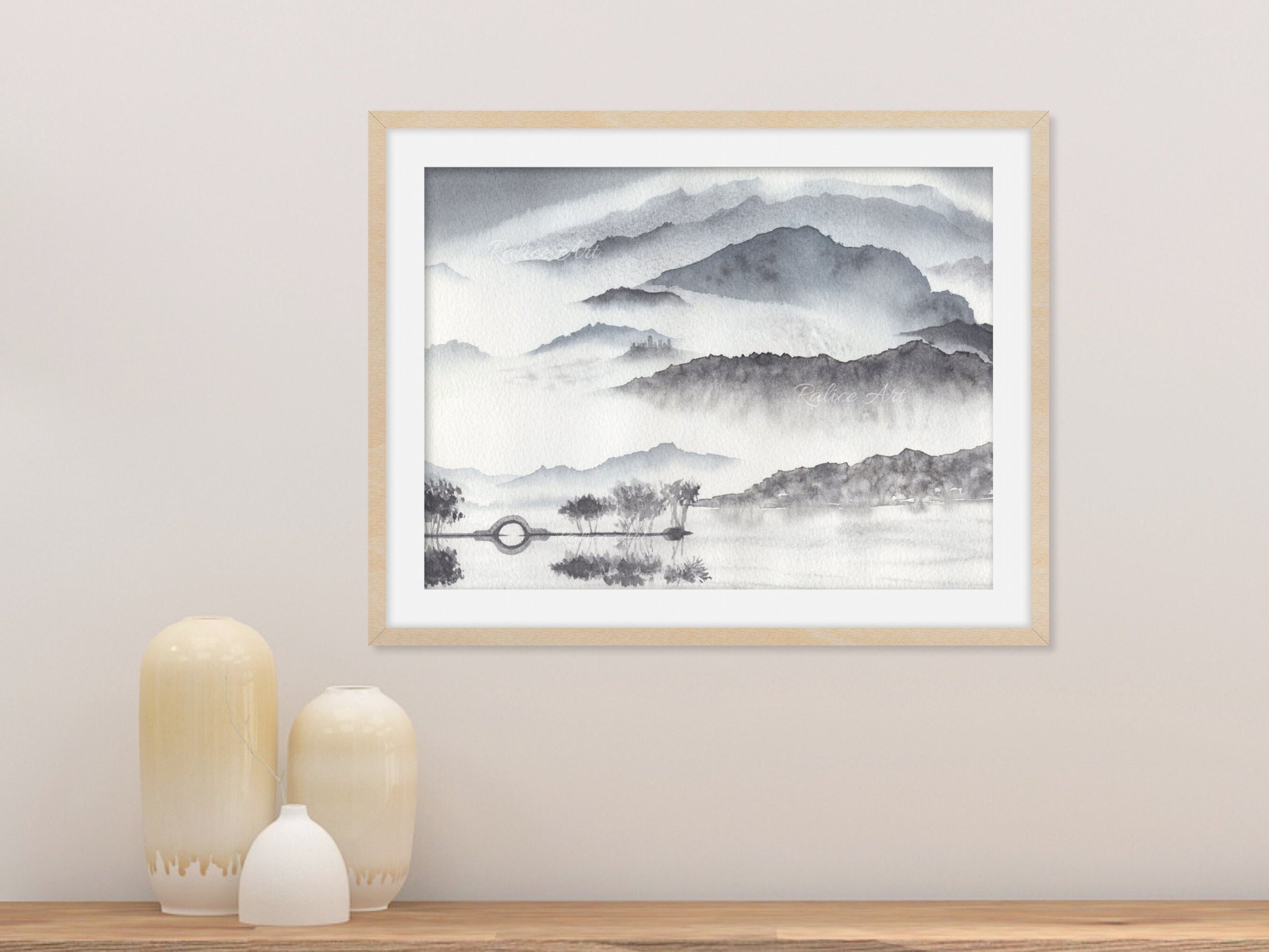 Monochromatic Misty Mountains Wall Art Foggy Japanese Mountain Giclée Fine Art Print Framed Closeup on a Shelf