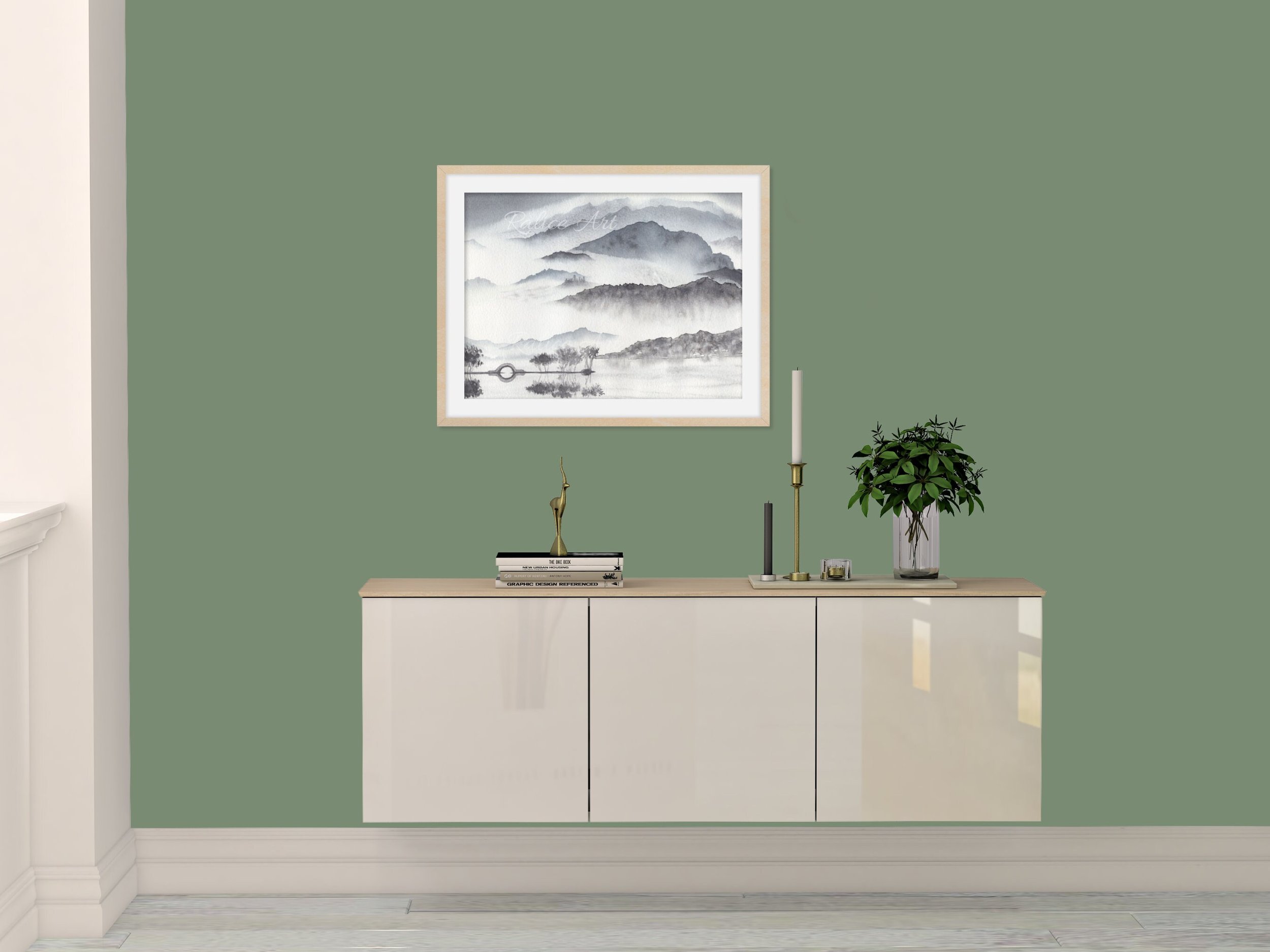 Monochromatic Misty Mountains Wall Art Foggy Japanese Mountain Giclée Fine Art Print Framed Closeup in a Living Room