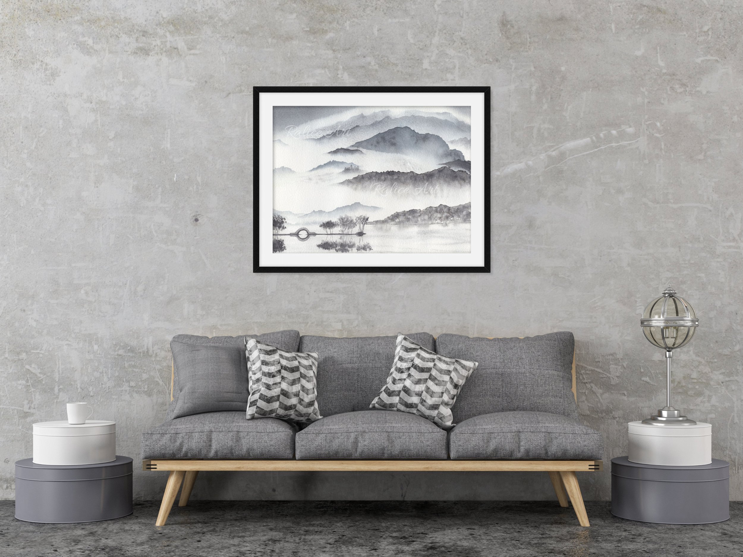 Monochromatic Misty Mountains Wall Art Foggy Japanese Mountain Giclée Fine Art Print Framed Closeup in a Living Room
