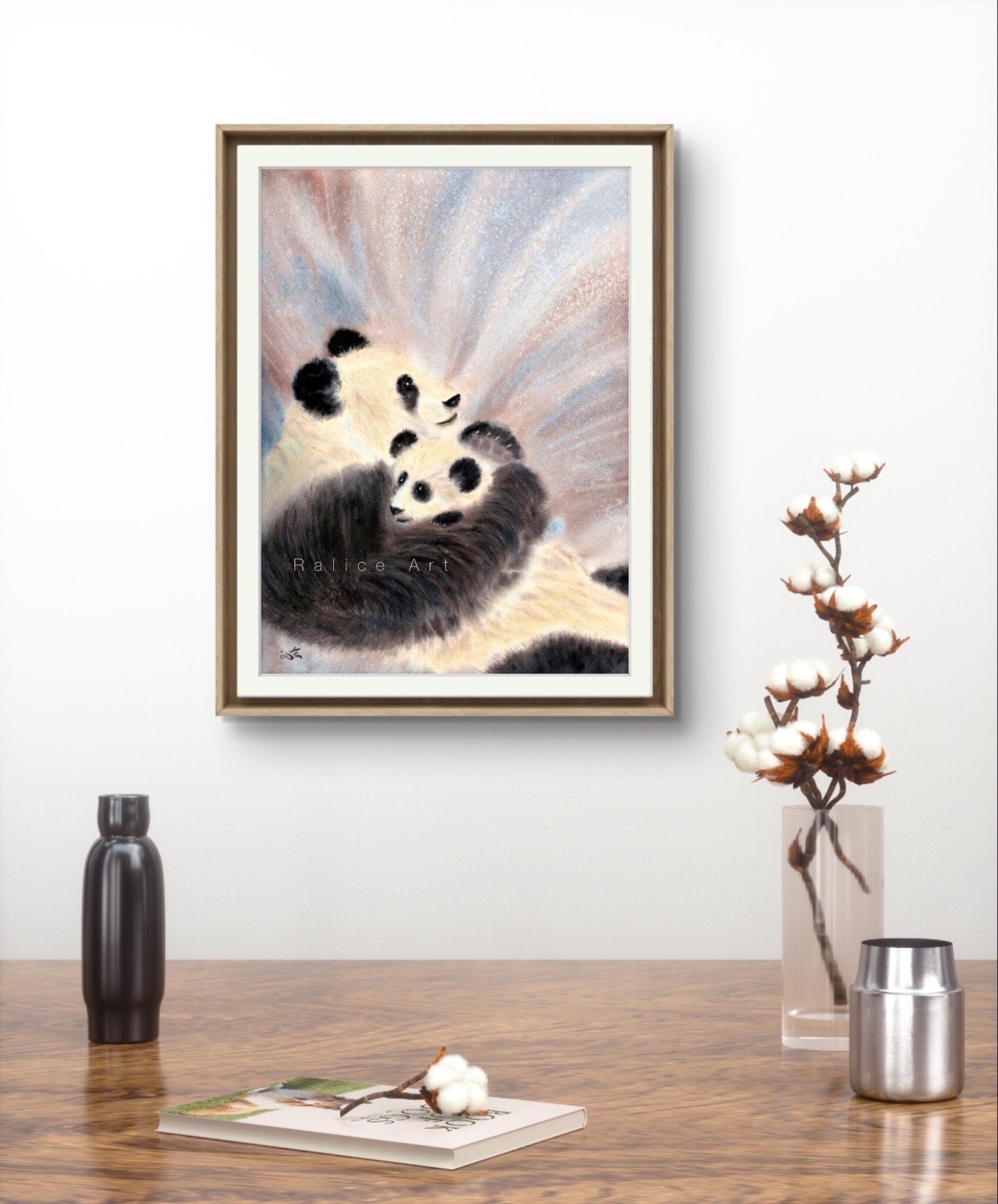 Pandas Watercolor Giclee Fine Art Print Captures the Gentle Bond Between a Mama and Baby Panda Closeup on a Shelf