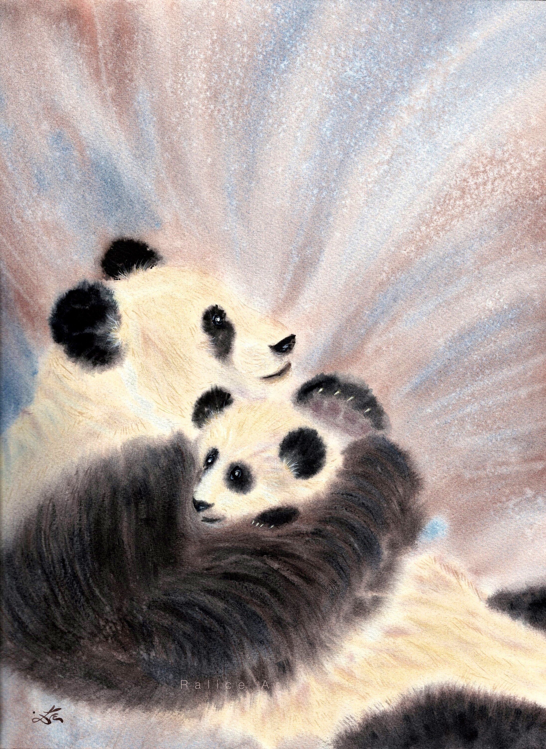 Pandas Watercolor Giclee Fine Art Print Captures the Gentle Bond Between a Mama and Baby Panda Closeup