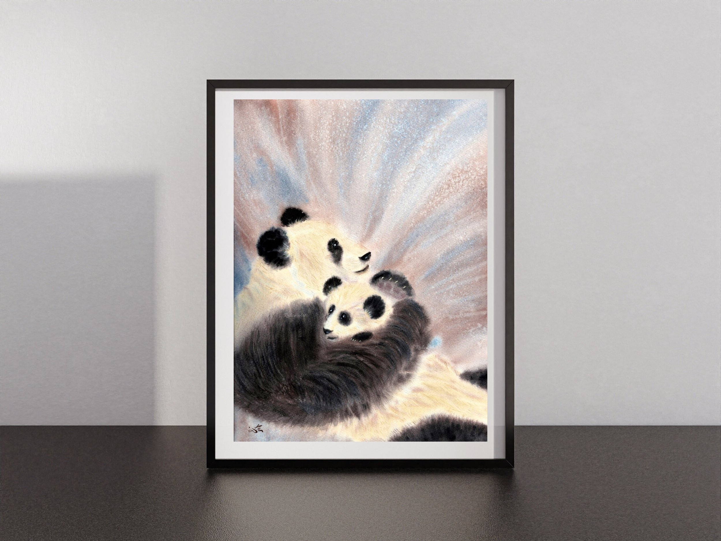 Pandas Watercolor Giclee Fine Art Print Captures the Gentle Bond Between a Mama and Baby Panda Closeup on a Shelf