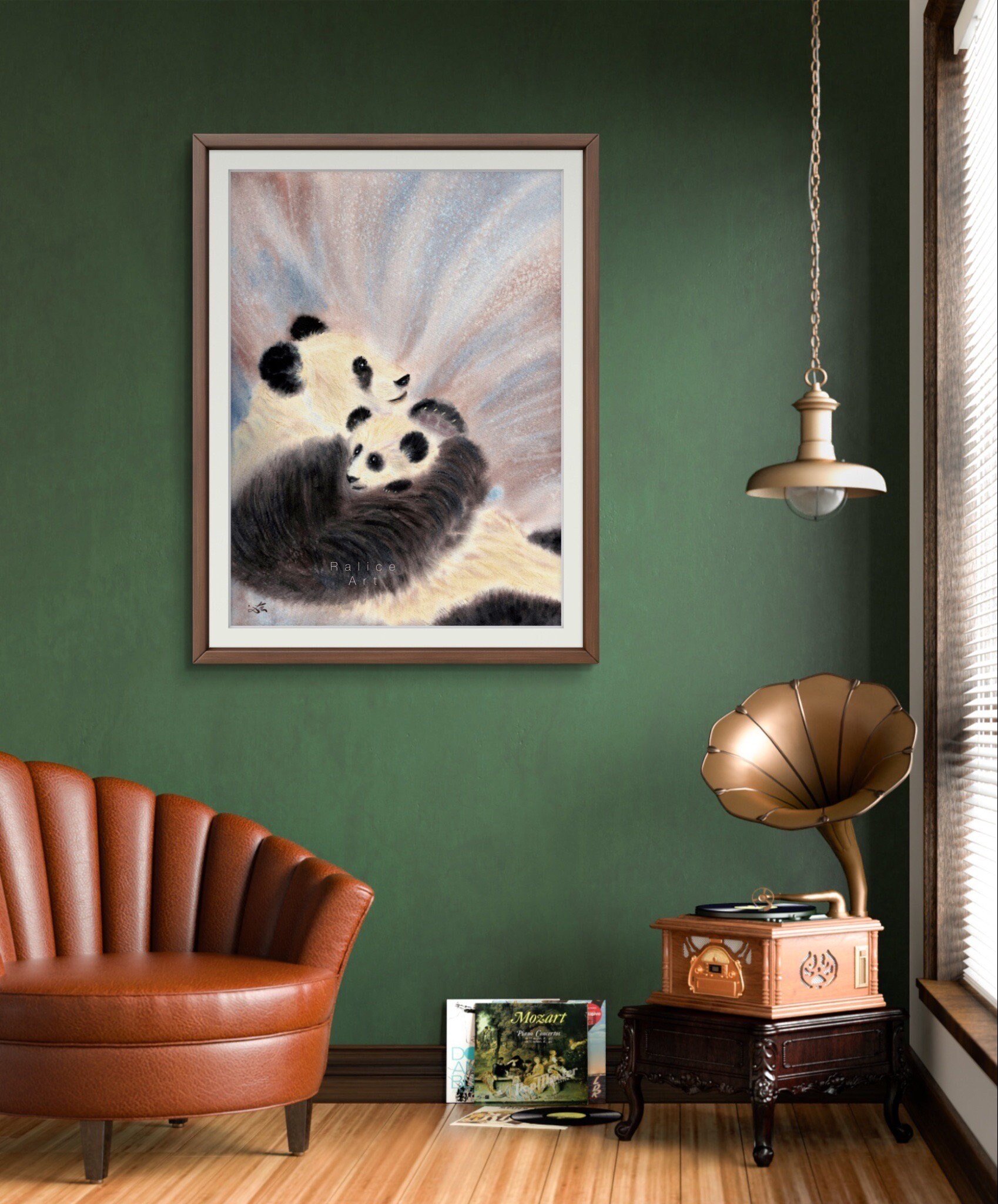 Pandas Watercolor Giclee Fine Art Print Captures the Gentle Bond Between a Mama and Baby Panda Framed in a Living Room