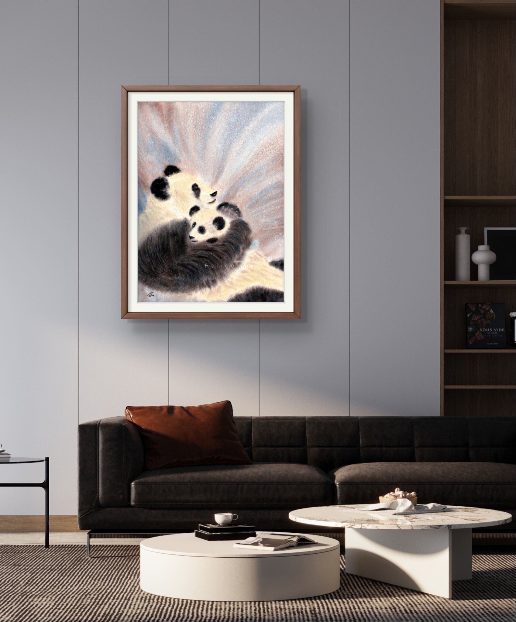Pandas Watercolor Giclee Fine Art Print Captures the Gentle Bond Between a Mama and Baby Panda Framed in a Living Room