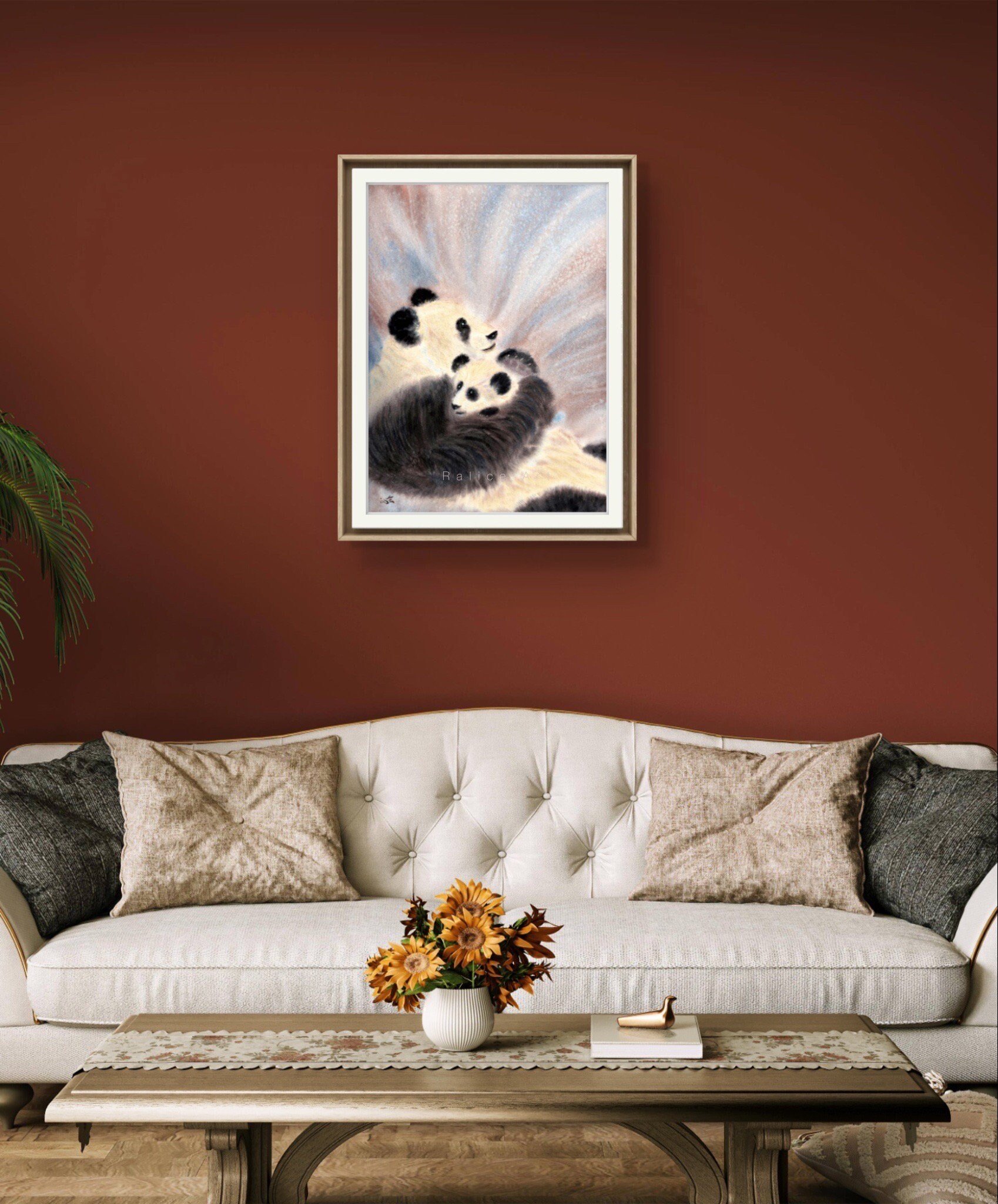 Pandas Watercolor Giclee Fine Art Print Captures the Gentle Bond Between a Mama and Baby Panda Framed in a Living Room
