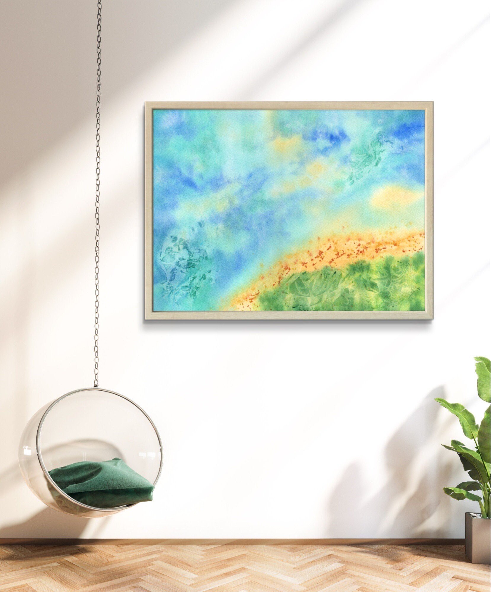 Abstract Seascape Giclée Fine Art Print is Watercolour Landscape Bird's-eye View Framed Print of the Ocean in a Room Setup